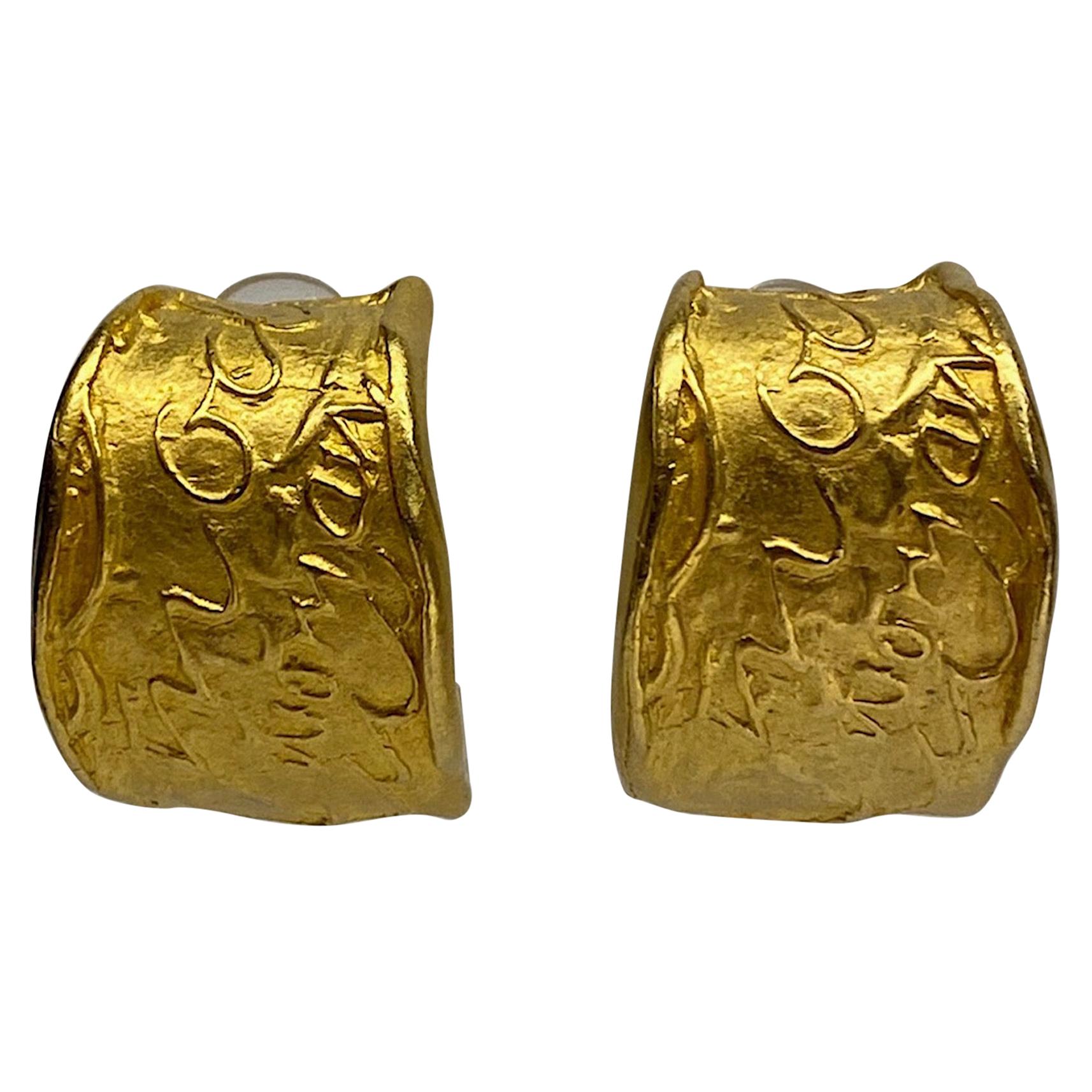 Donna Karan Satin Gold 1980s "Mod Woman" Hoop Earrings