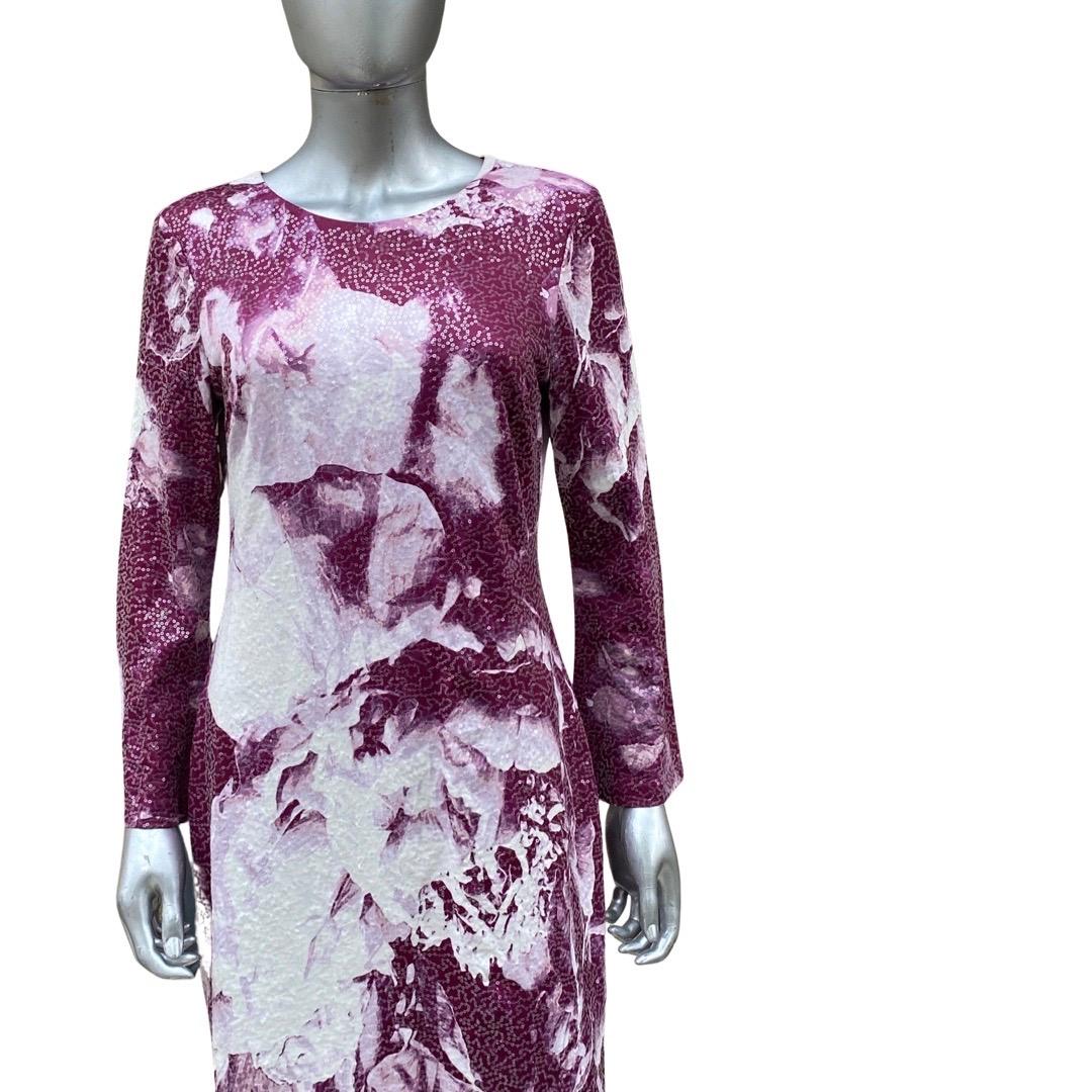 Donna Karan Sequin Jersey Abstract Magenta/White Floral Print Dress Size 8 5