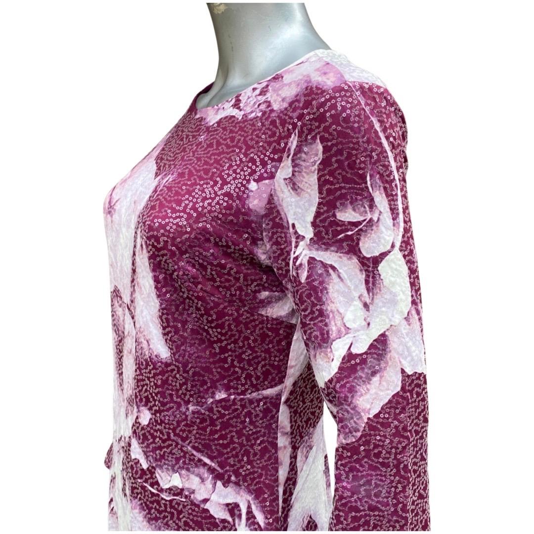 Donna Karan Sequin Jersey Abstract Magenta/White Floral Print Dress Size 8 In New Condition In Palm Springs, CA