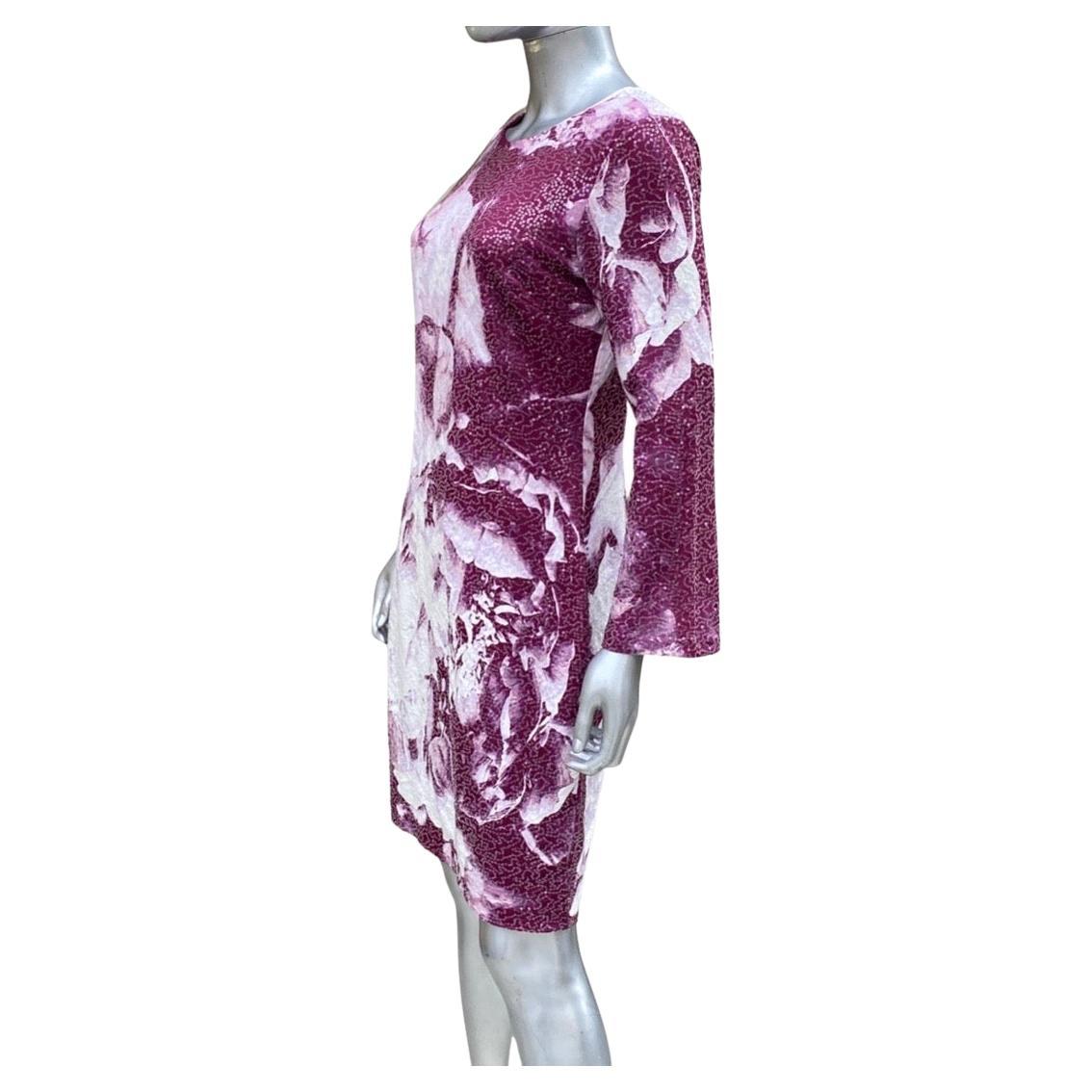 Donna Karan Sequin Jersey Abstract Magenta/White Floral Print Dress Size 8