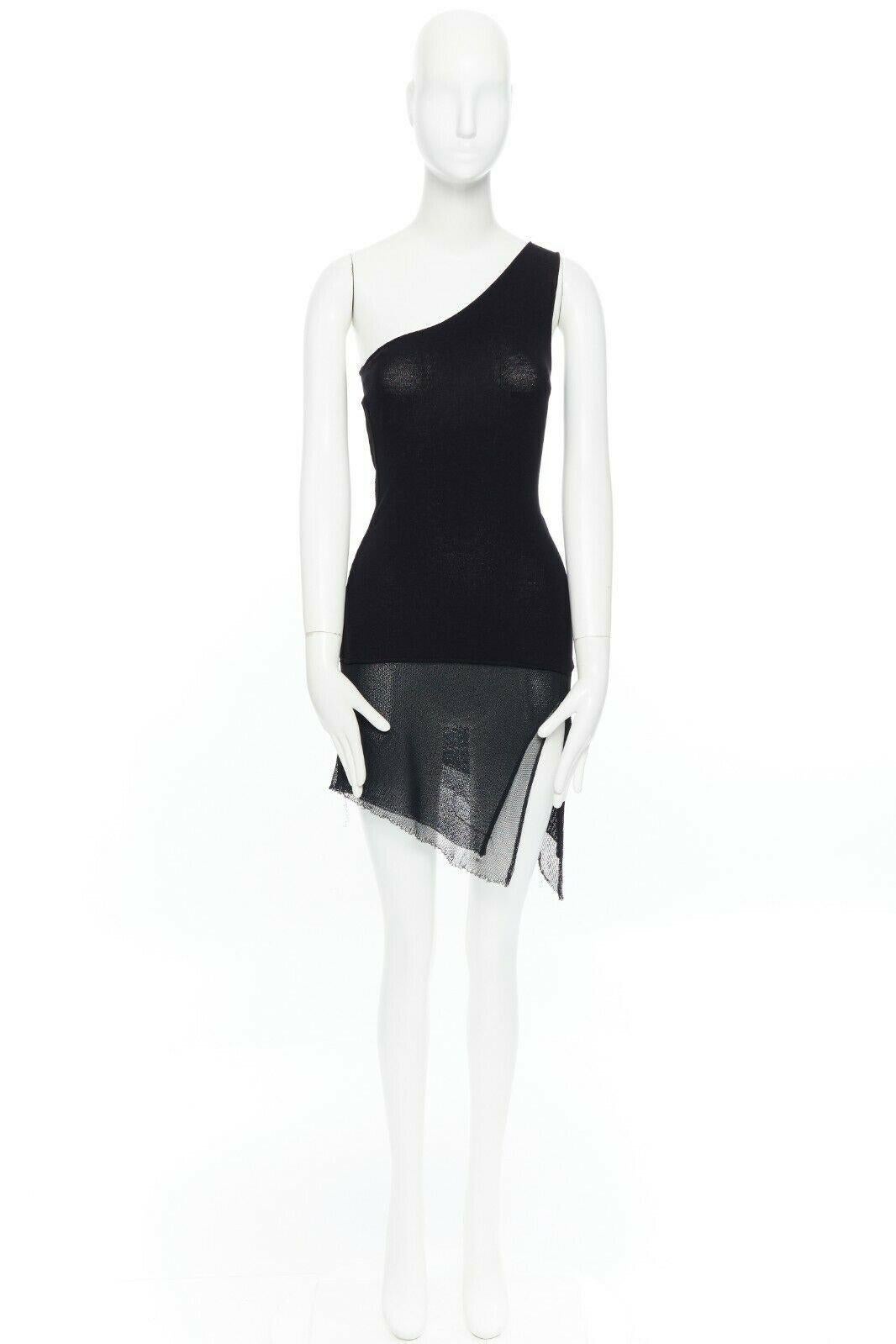 Black DONNA KARAN signature black knit body-conscious panel one-shoulder dress P