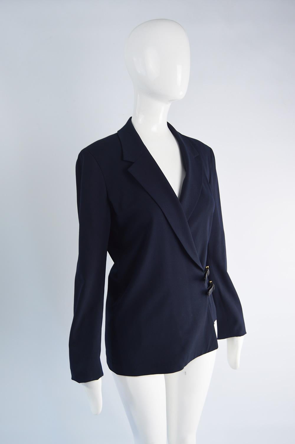 Black Donna Karan Signature Navy Blue Wool Tailored Jacket with Wraparound Belt 