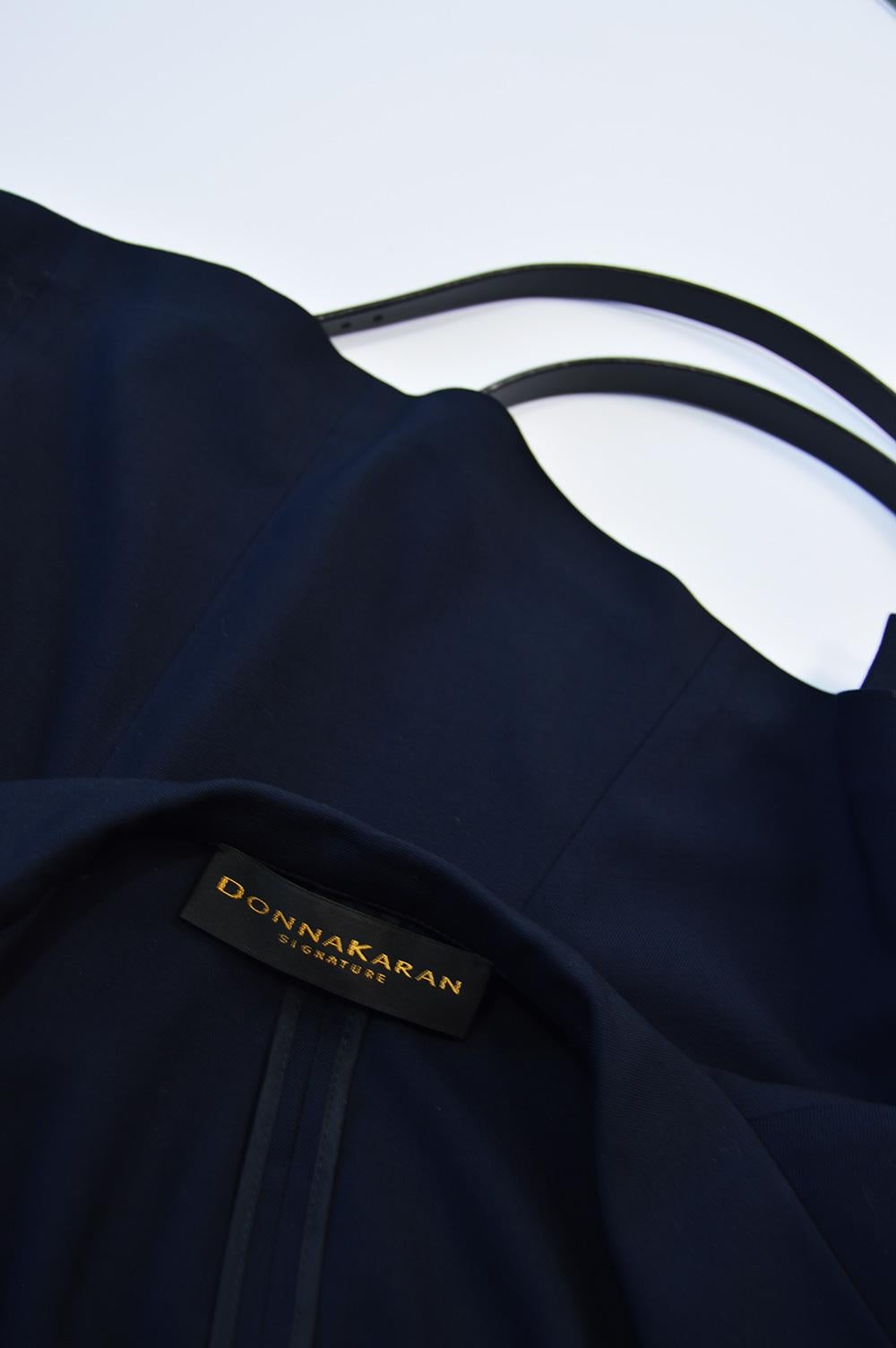 Women's Donna Karan Signature Navy Blue Wool Tailored Jacket with Wraparound Belt 