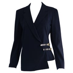 Donna Karan Signature Navy Blue Wool Tailored Jacket with Wraparound Belt 