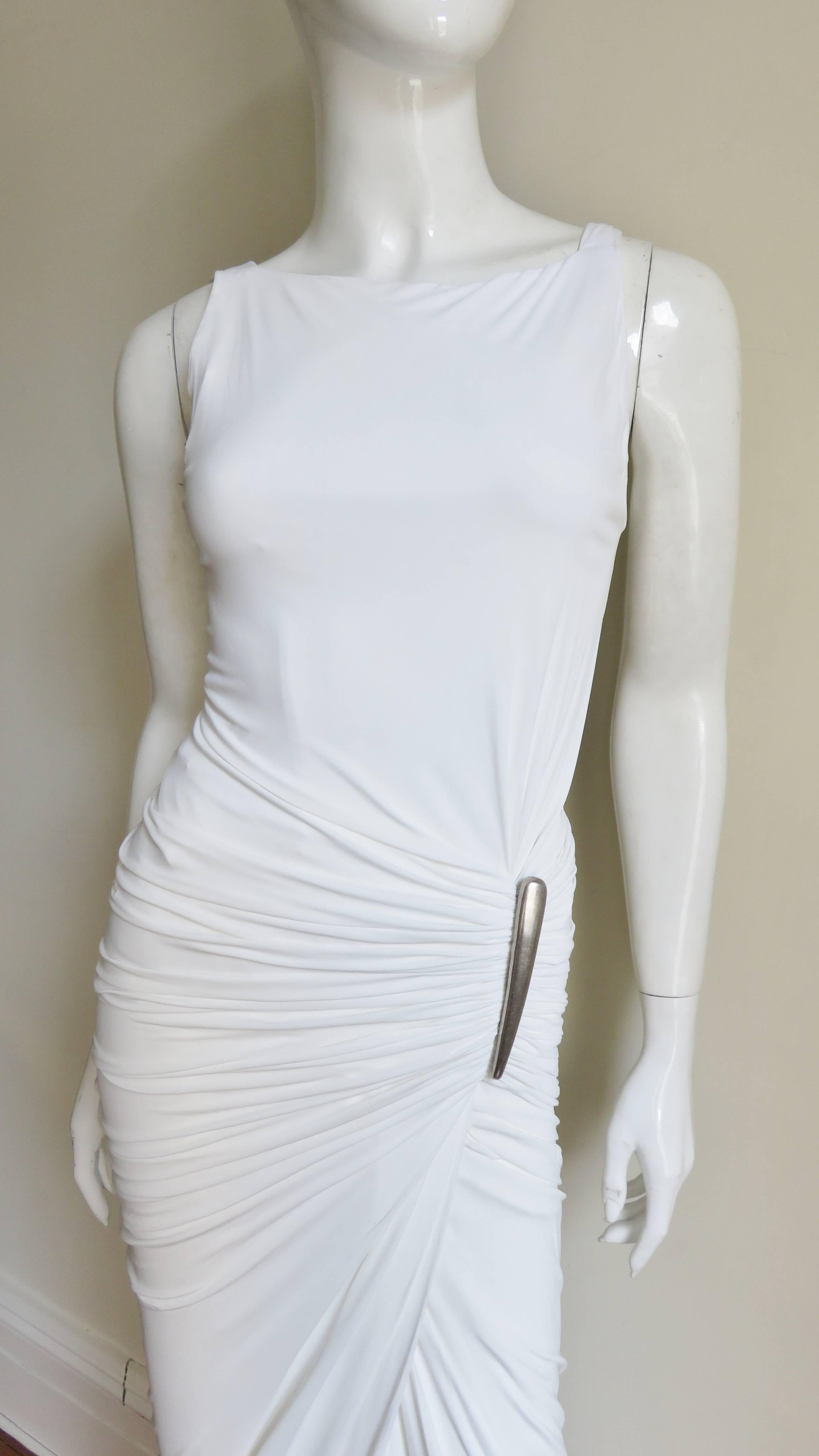 Gray Donna Karan Silk Jersey Ruched Gown With Hardware