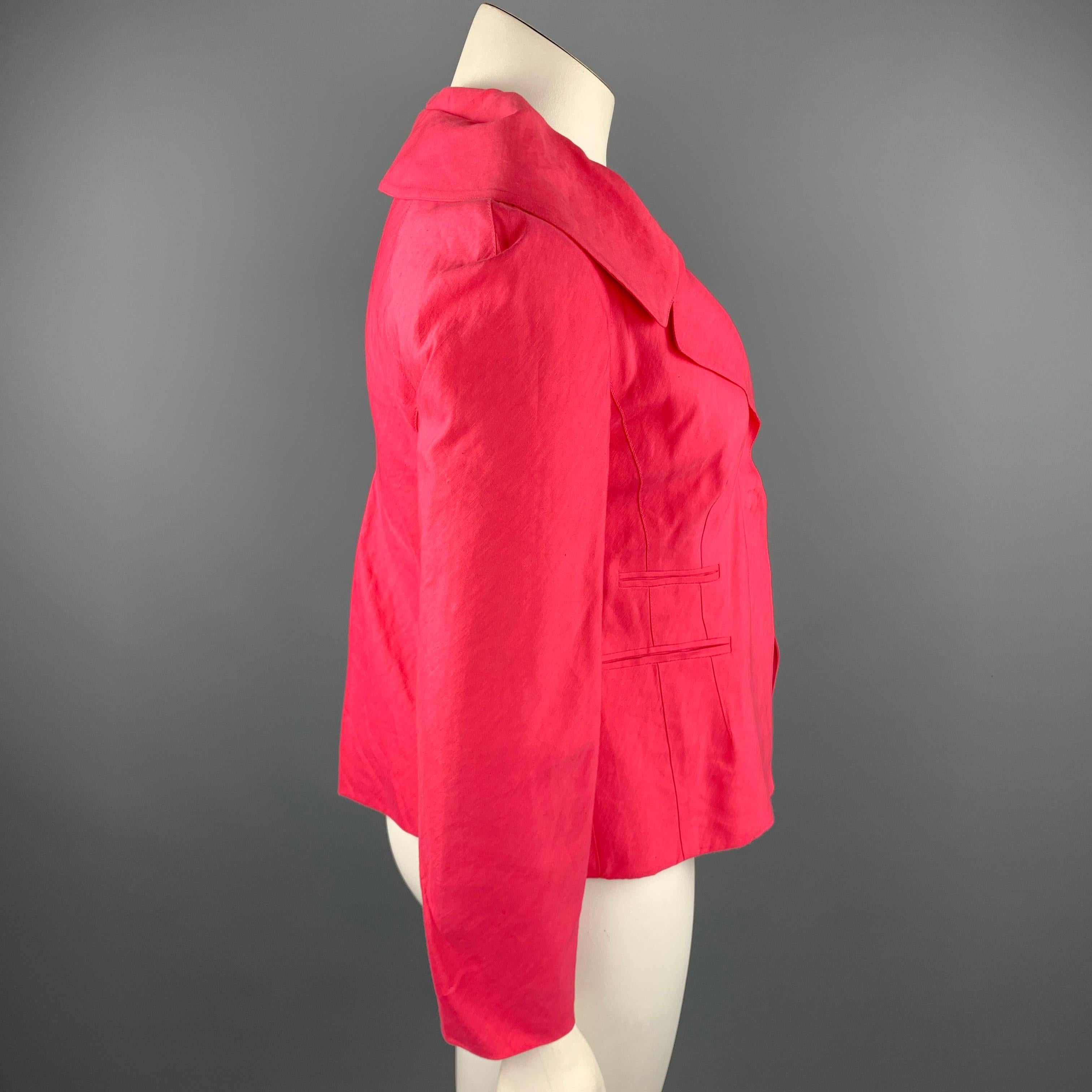 DONNA KARAN blazer comes in a pink linen with a full liner featuring a notch lapel, slit pockets, top stitching, and a two button closure. Made in USA.

Good Pre-Owned Condition.
Marked: US 10

Measurements:

Shoulder: 17 in. 
Bust: 36 in. 
Sleeve: