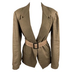 DONNA KARAN Size 4 Olive Twill Wool / Linen Belted Jacket Blazer