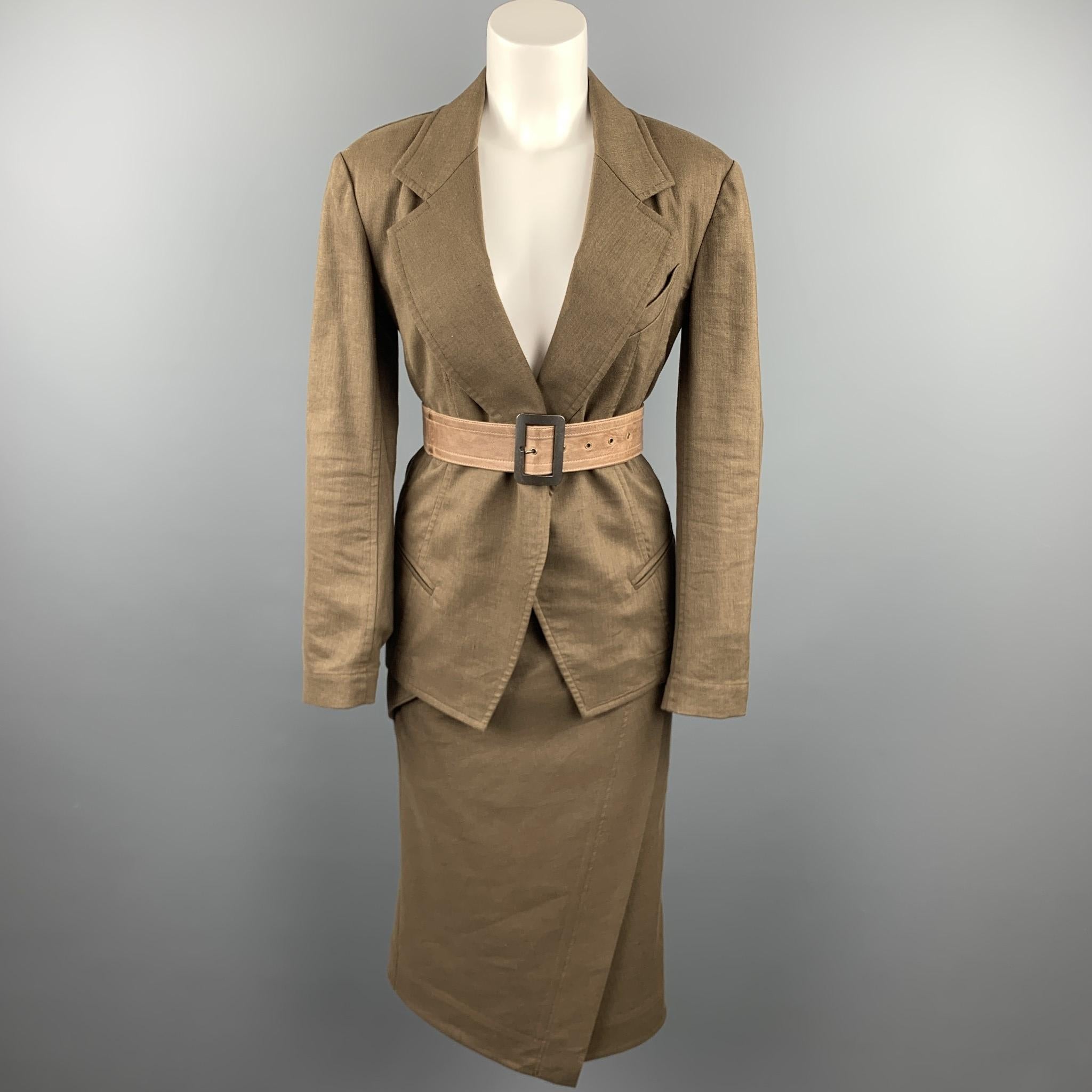 Women's DONNA KARAN Size 4 Olive Twill Wool / Linen Draped Skirt