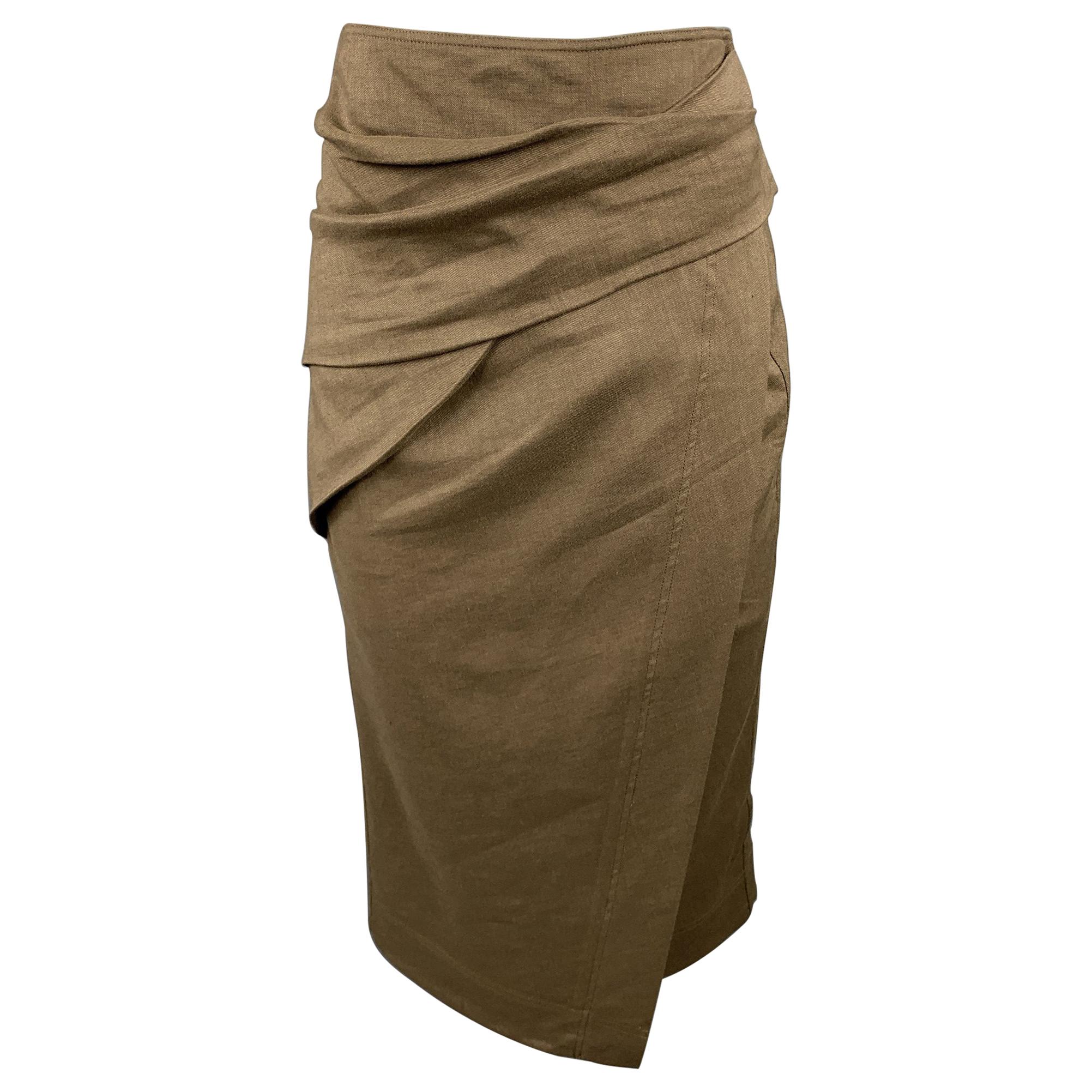 DONNA KARAN Size 4 Olive Twill Wool / Linen Draped Skirt