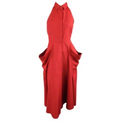 DONNA KARAN Size 4 Red Cotton Halter Top A Lline Shirt Dress