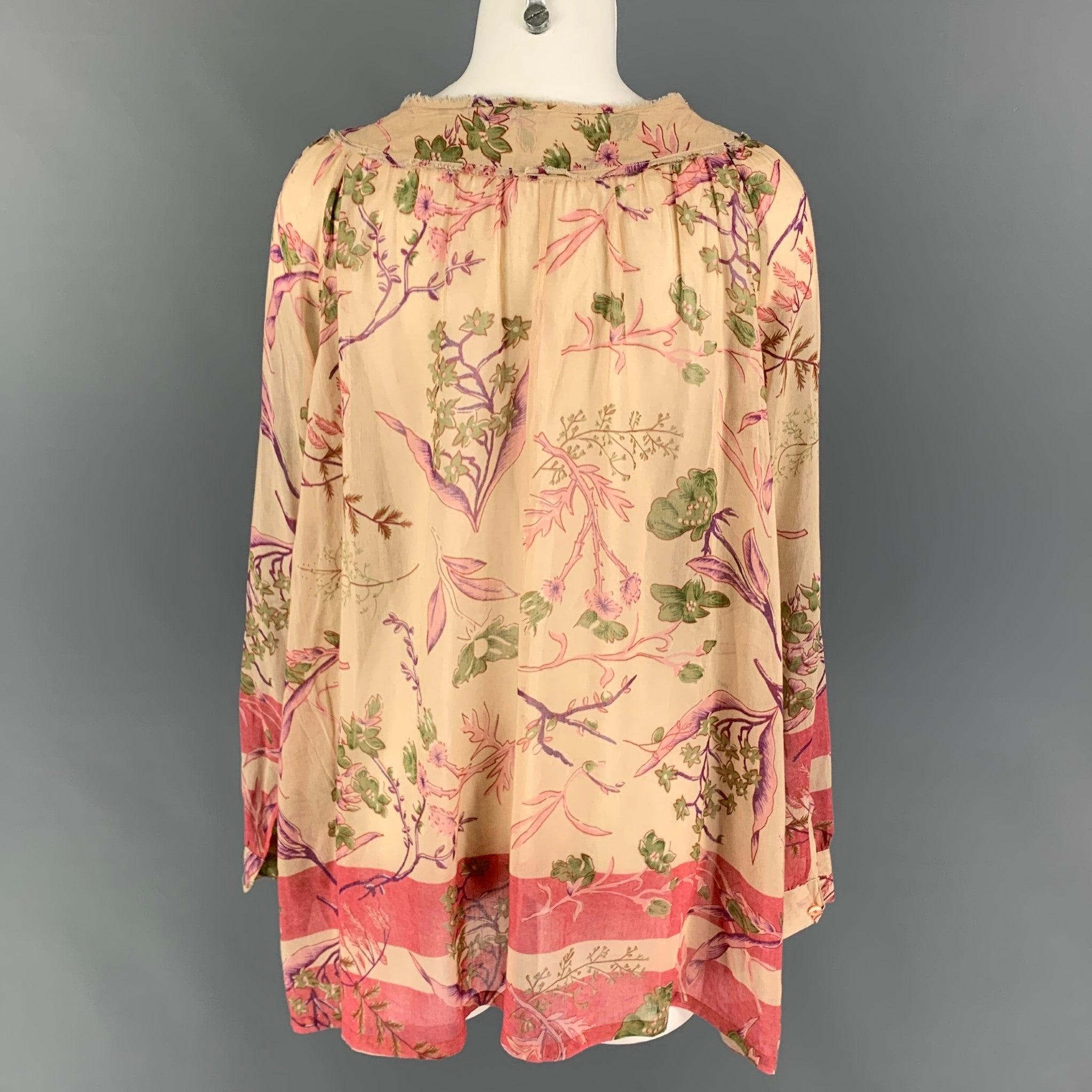 DONNA KARAN Size 6 Beige Red Cotton Silk Floral Tunic Blouse In Good Condition For Sale In San Francisco, CA