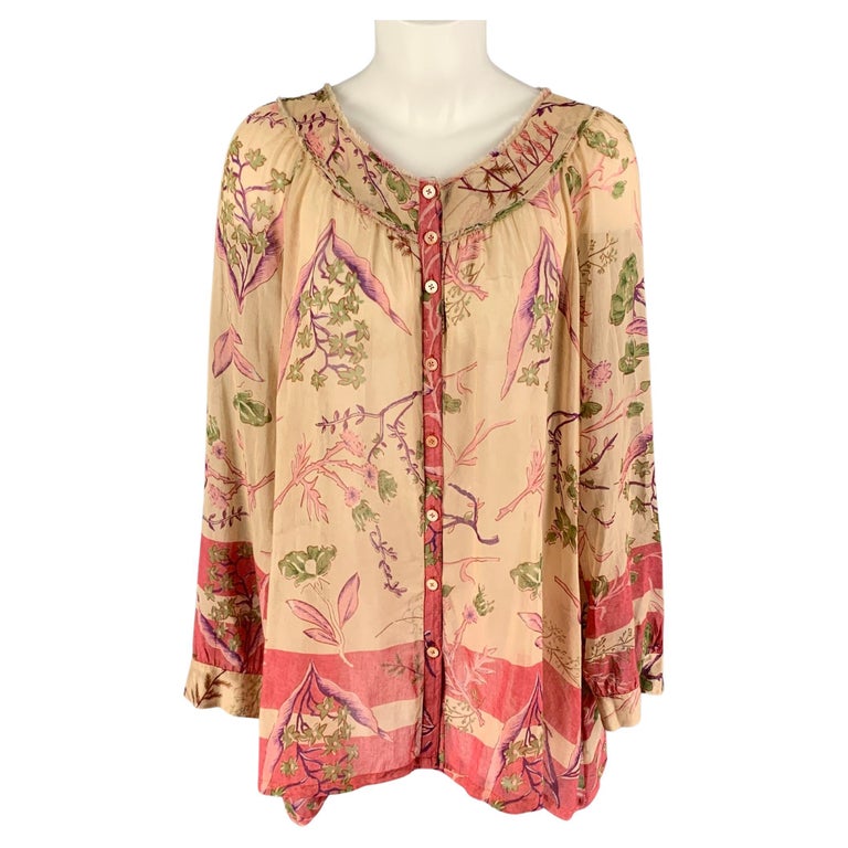 DONNA KARAN Size 6 Beige Red Cotton Silk Floral Tunic Blouse For Sale ...