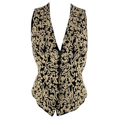 DONNA KARAN Size 6 Black Cream Wool Embroidered V-Neck Vest