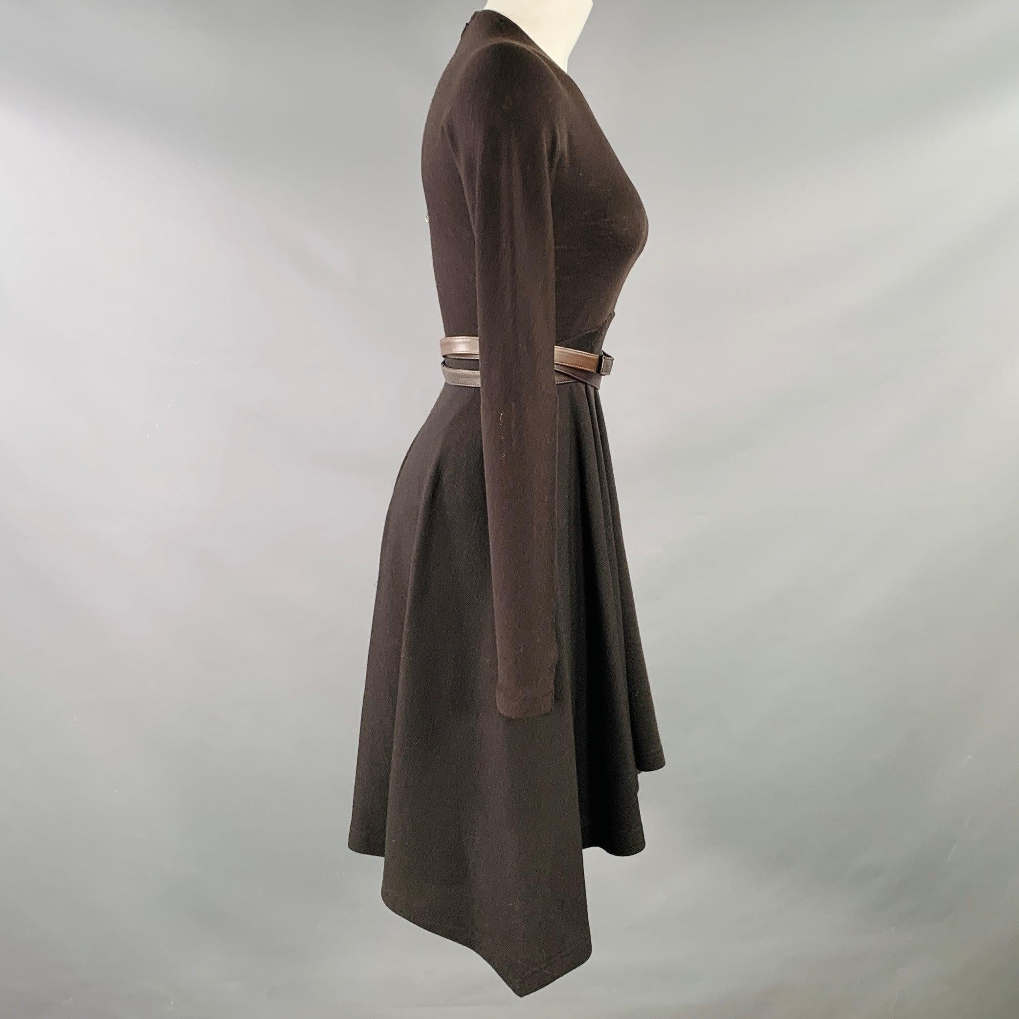 Black DONNA KARAN Size 6 Brown Wool Jersey Belted Long Sleeve Asymmetrical Dress For Sale