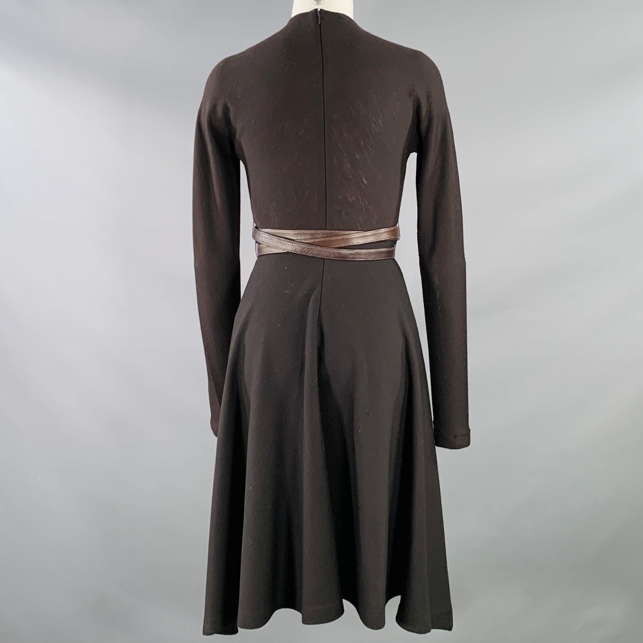 DONNA KARAN Size 6 Brown Wool Jersey Belted Long Sleeve Asymmetrical Dress In Good Condition For Sale In San Francisco, CA