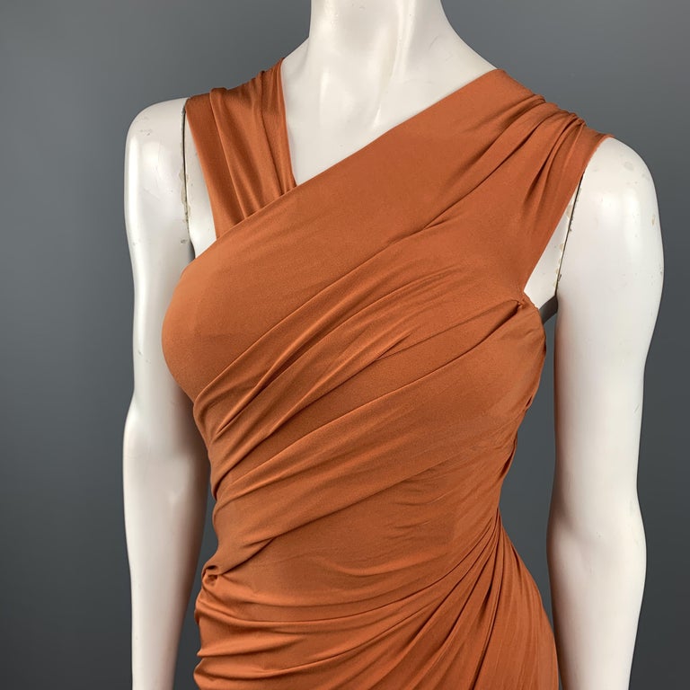 DONNA KARAN Size L Burnt Orange Jersey Asymmetrical Draped Gown at ...