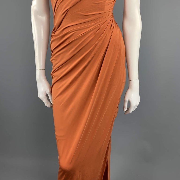 DONNA KARAN Size L Burnt Orange Jersey Asymmetrical Draped Gown at ...