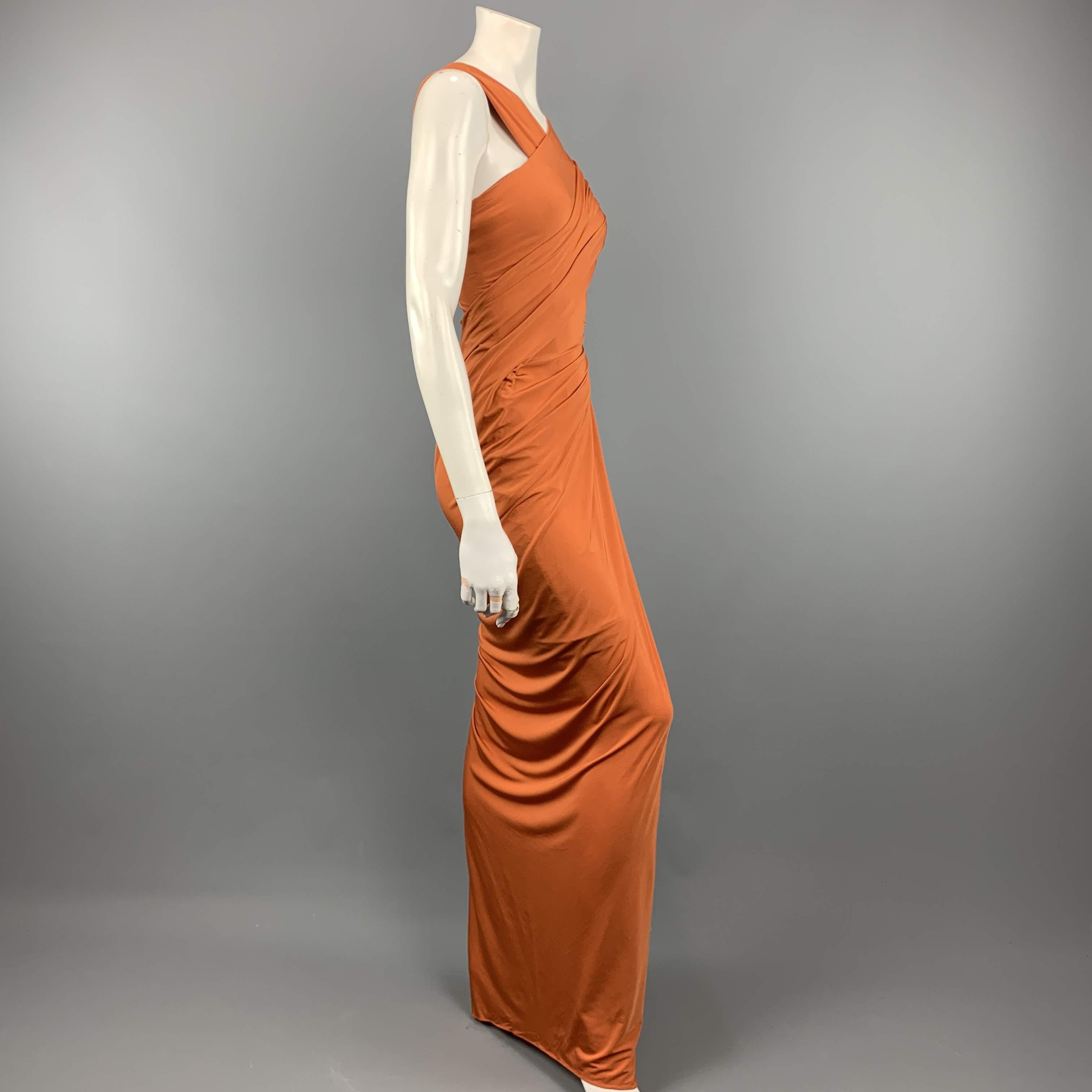 DONNA KARAN Size L Burnt Orange Jersey Asymmetrical Draped Gown In Excellent Condition In San Francisco, CA