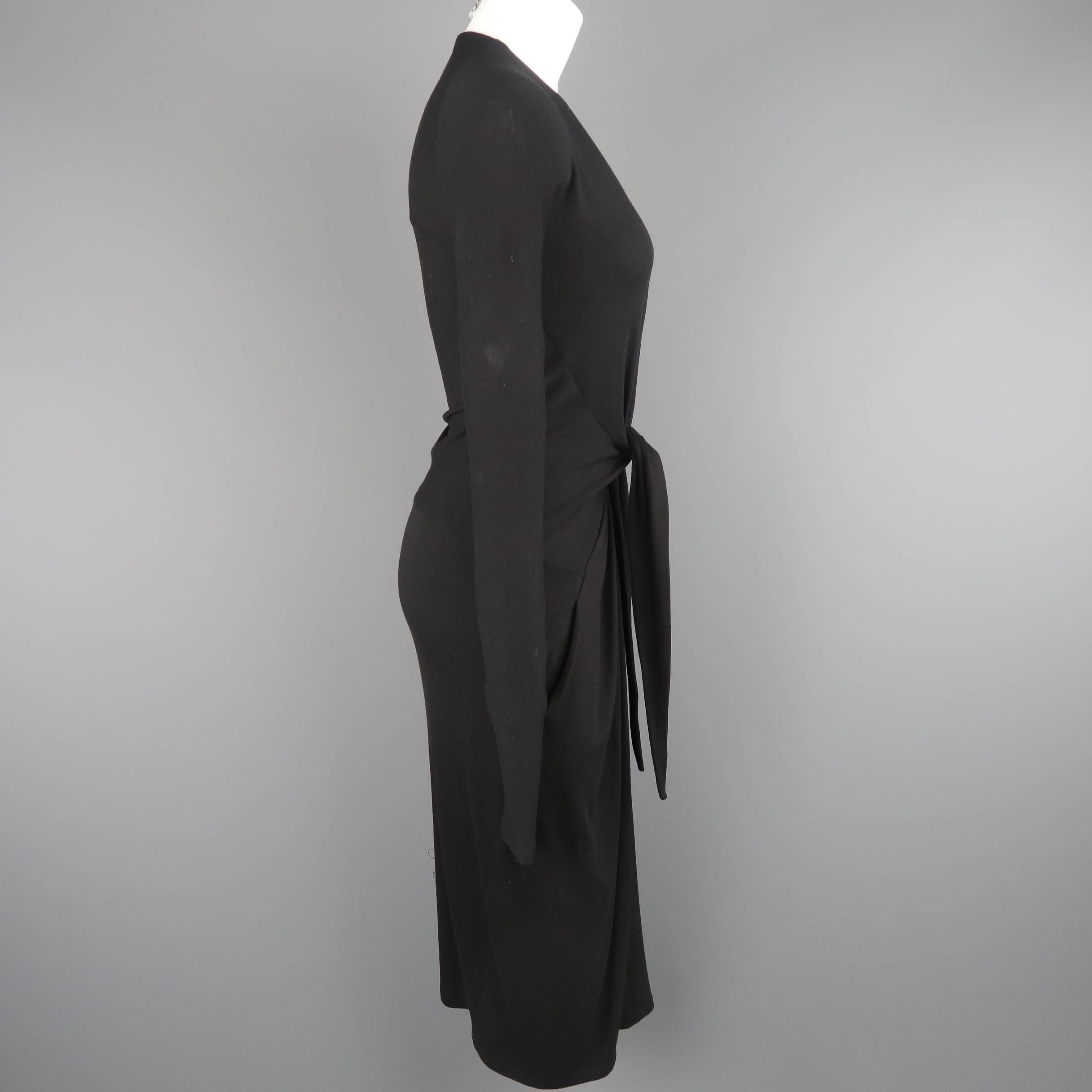 DONNA KARAN Size M Black Jersey Deep V Tied Long Sleeve Dress In Excellent Condition In San Francisco, CA