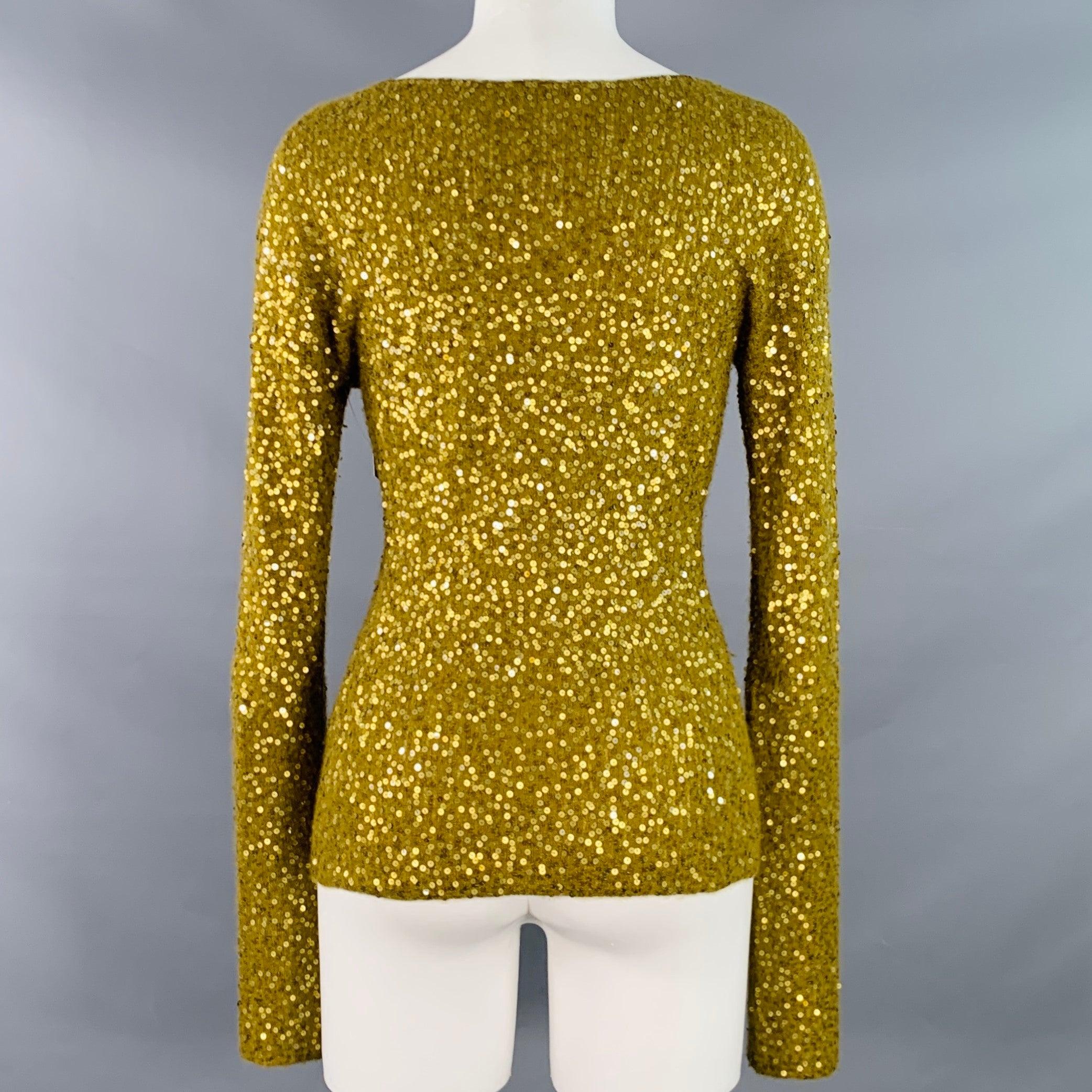 Women's DONNA KARAN Size S Gold Olive Cashmere Silk Sequined V-Neck Long Sleeve Pullover For Sale
