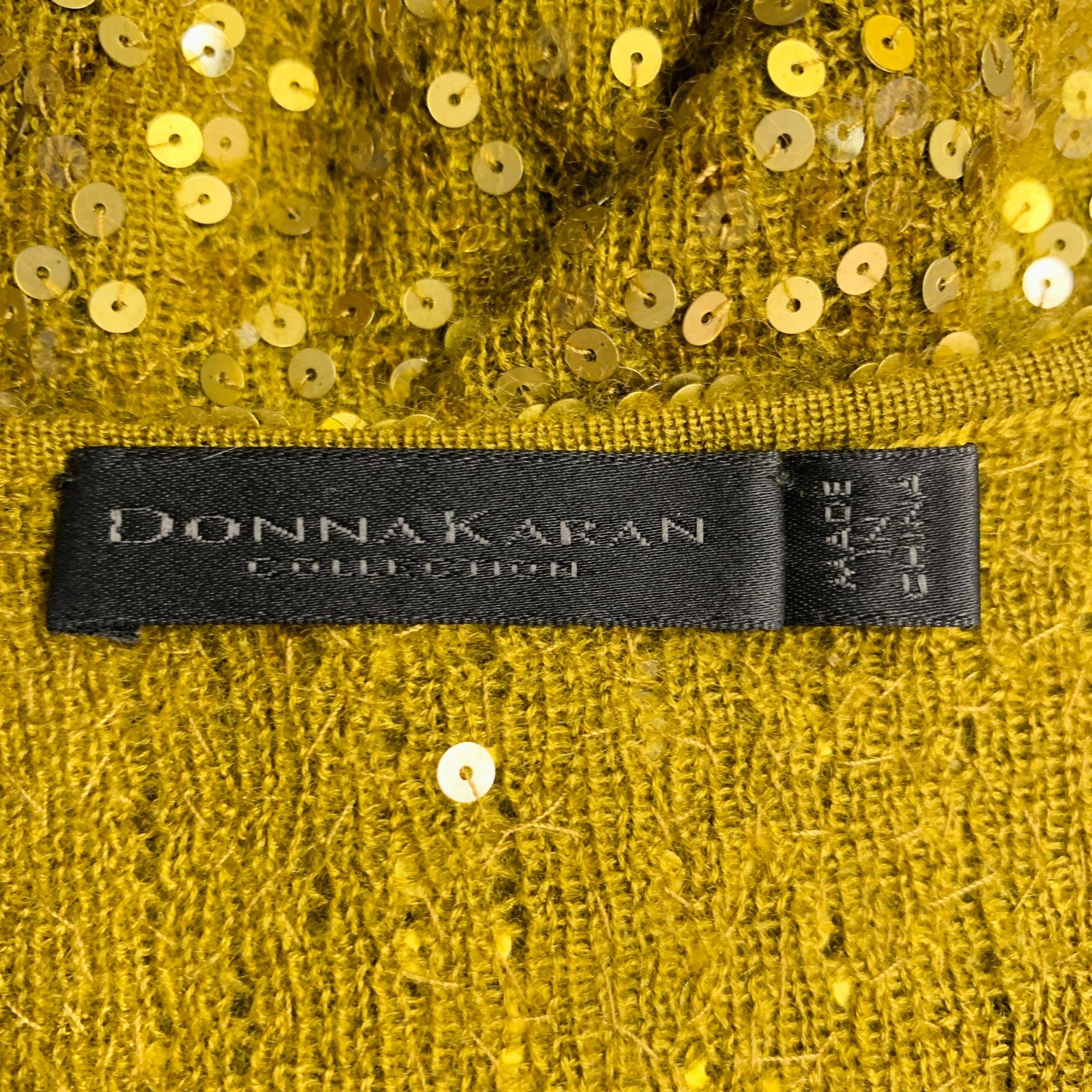DONNA KARAN Size S Gold Olive Cashmere Silk Sequined V-Neck Long Sleeve Pullover For Sale 4