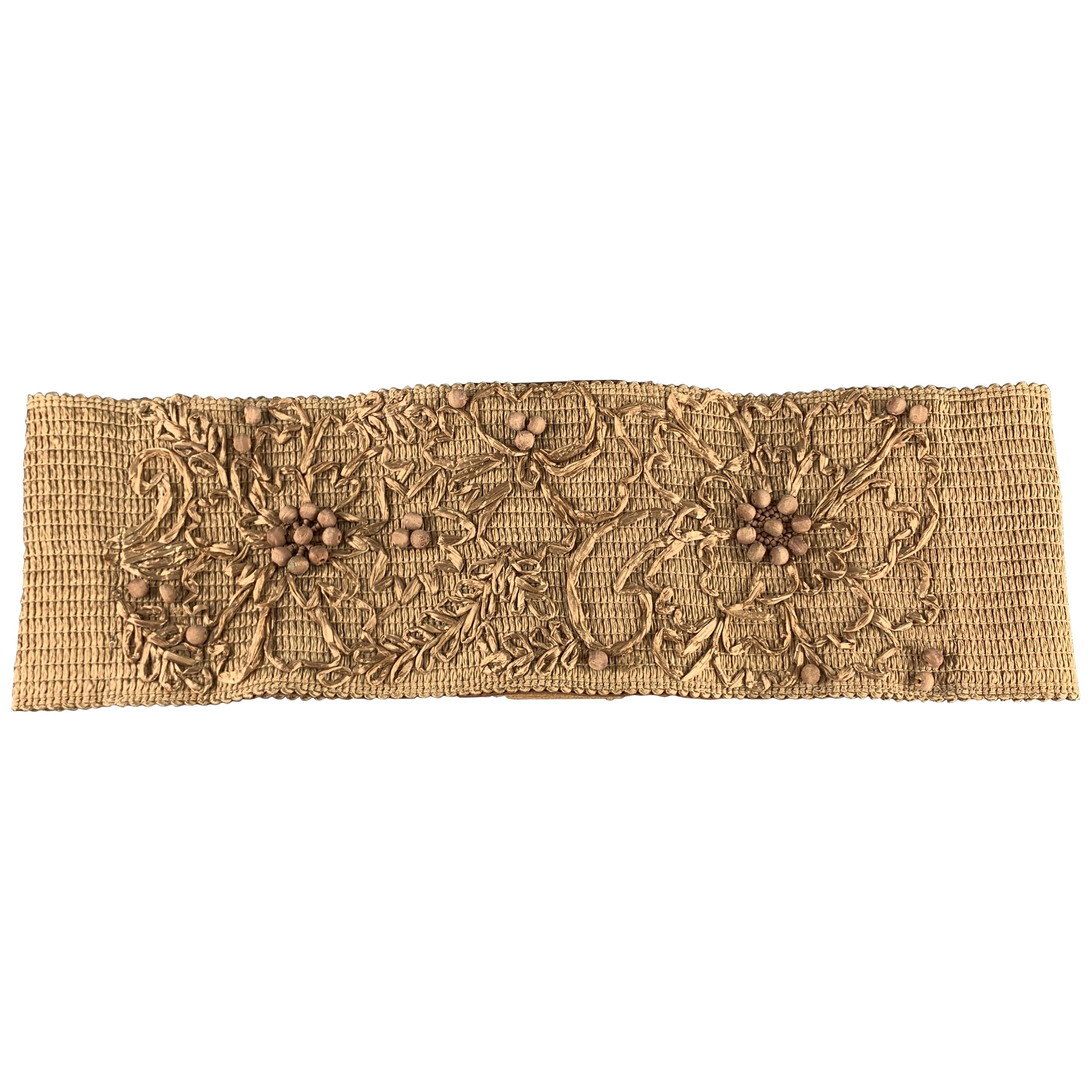 DONNA KARAN Size S Woven Beige Beaded Flower Embroidered Elastic Waist Belt