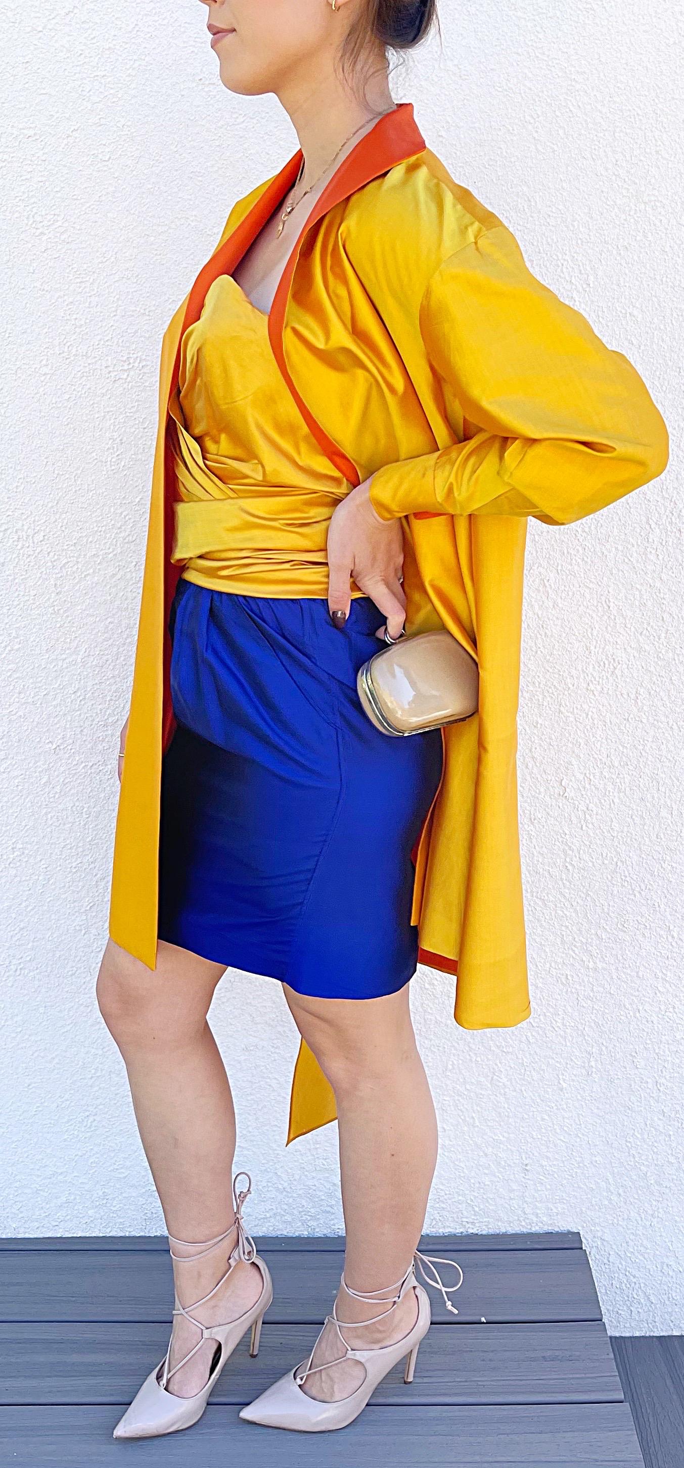 Donna Karan Spring 1987 Sz 2 Three Piece Yellow Orange Blue Bustier Skirt Jacket For Sale 11