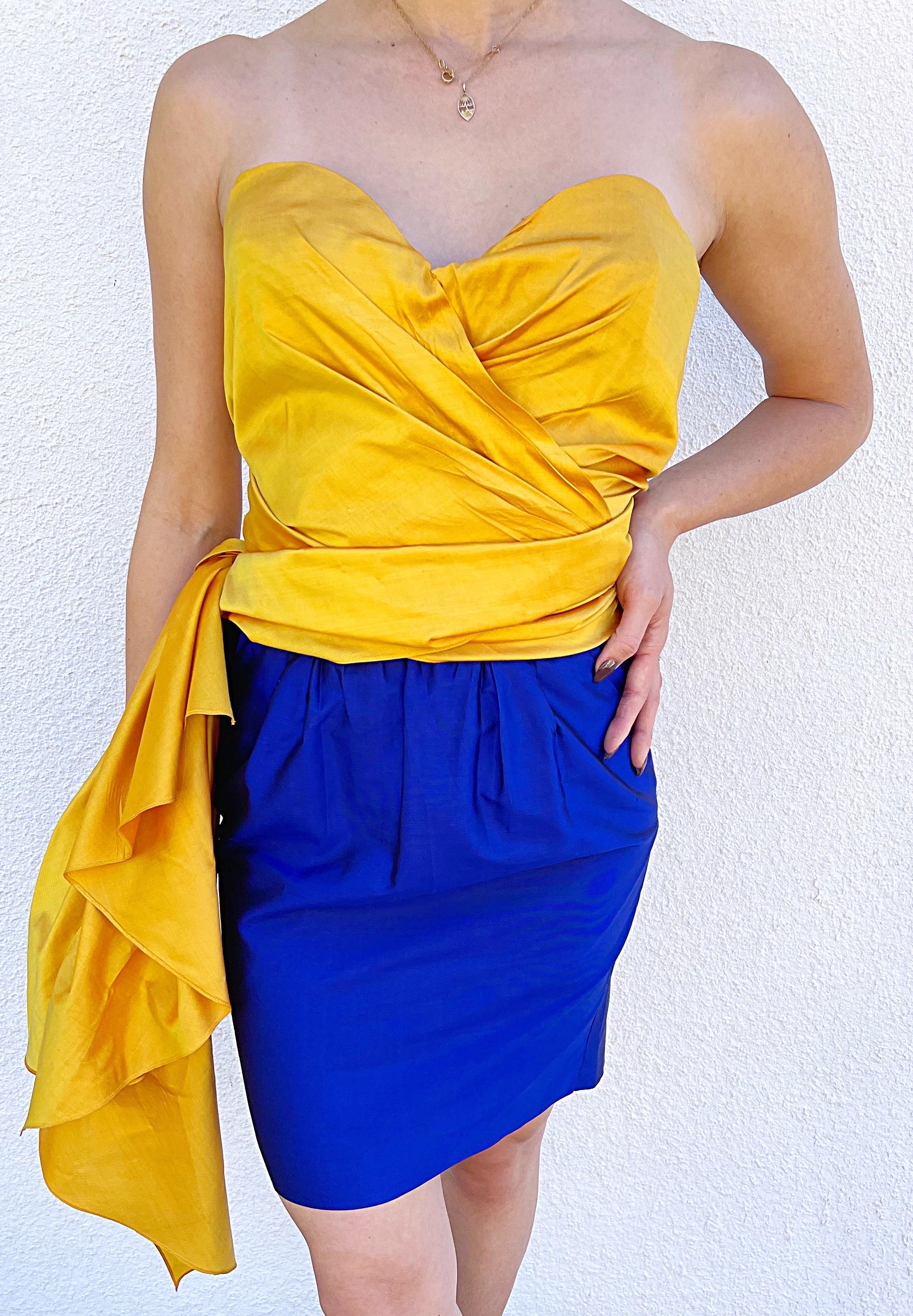Donna Karan Spring 1987 Sz 2 Three Piece Yellow Orange Blue Bustier Skirt Jacket For Sale 12