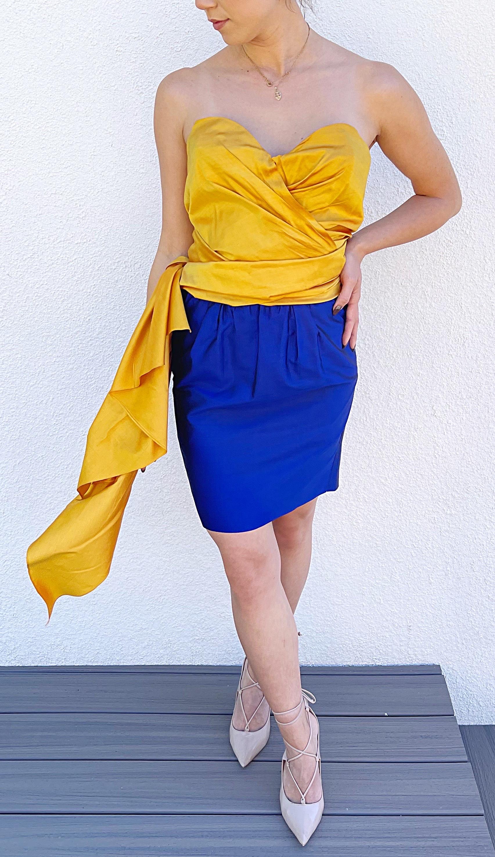 Women's Donna Karan Spring 1987 Sz 2 Three Piece Yellow Orange Blue Bustier Skirt Jacket For Sale