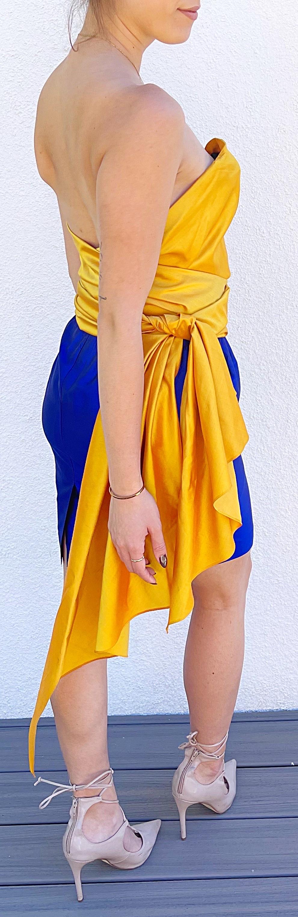 Donna Karan Spring 1987 Sz 2 Three Piece Yellow Orange Blue Bustier Skirt Jacket For Sale 2