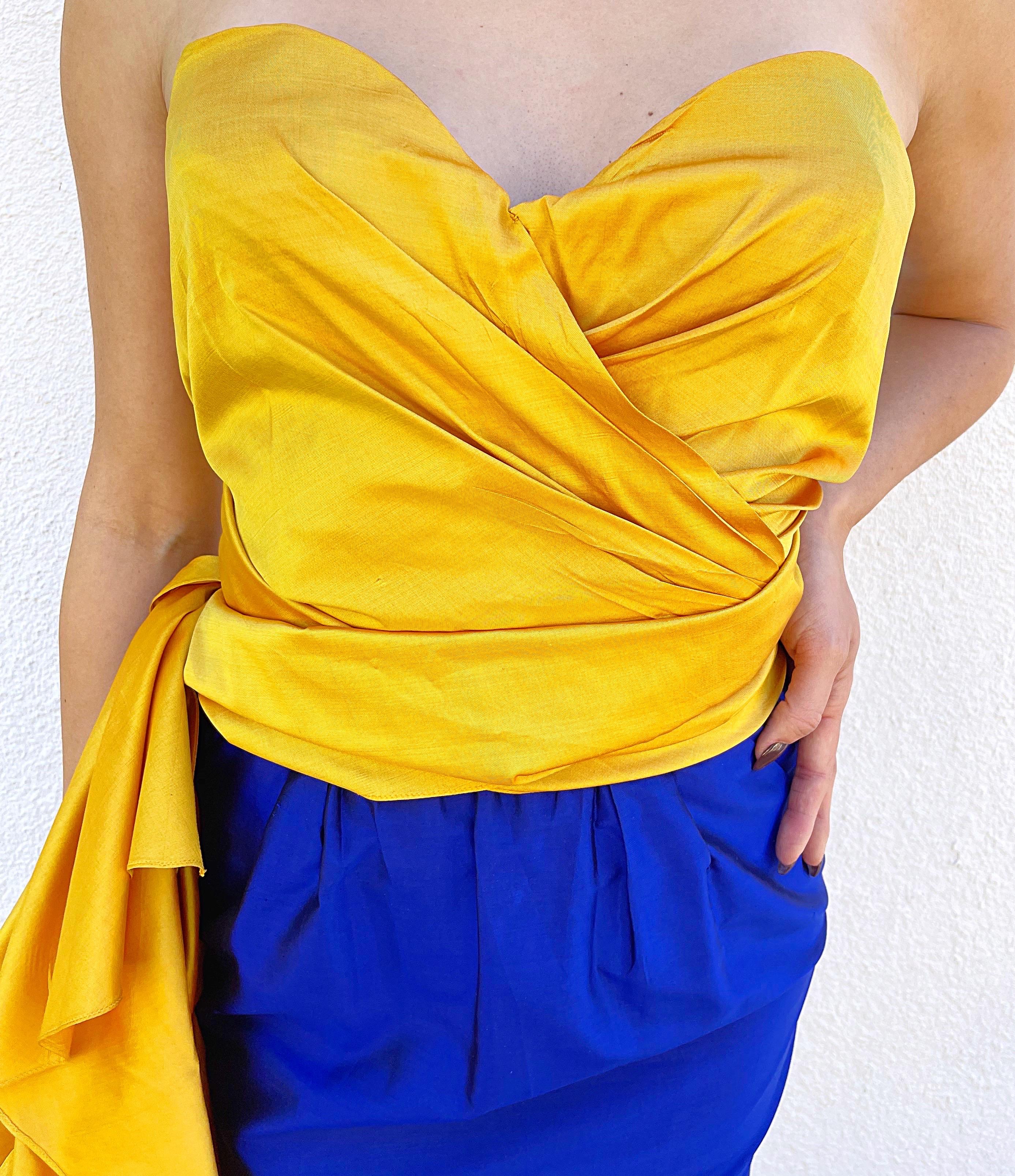 Donna Karan Spring 1987 Sz 2 Three Piece Yellow Orange Blue Bustier Skirt Jacket For Sale 4