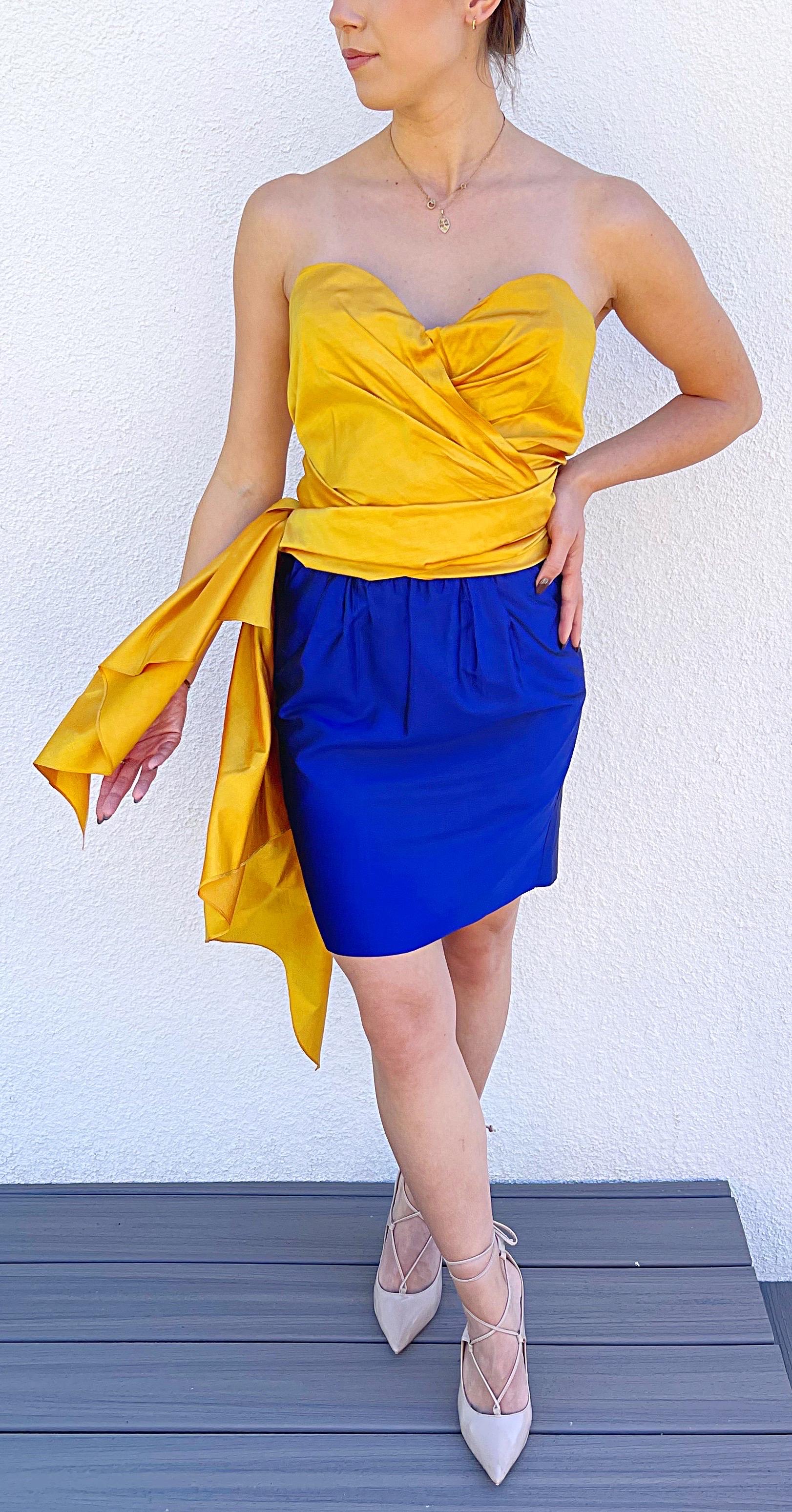 Donna Karan printemps 1987 Taille 2 trois pièces jupe bustier jaune orange bleu en vente 5