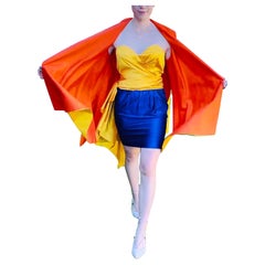 Donna Karan Primavera 1987 S 2 Tres Piezas Amarillo Naranja Azul Bustier Falda Chaqueta