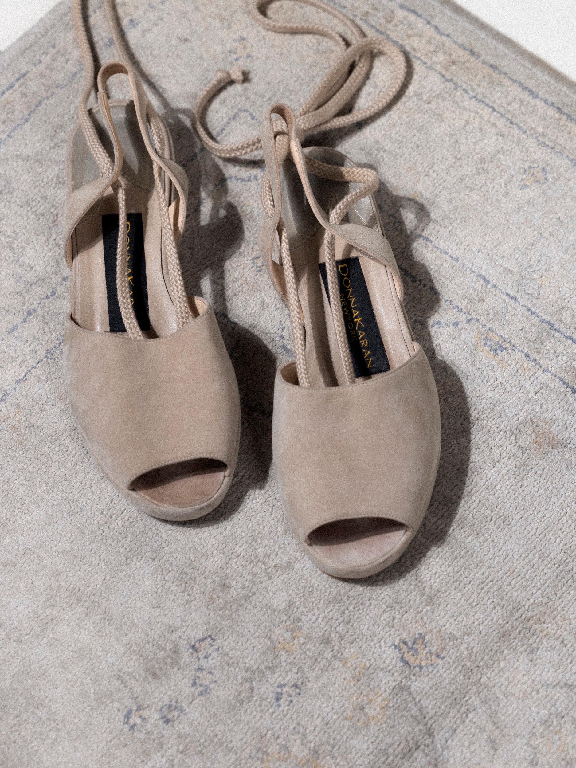 Women's Donna Karan Suede Ankle Wrap Sandals 1990's Size 6.5 For Sale