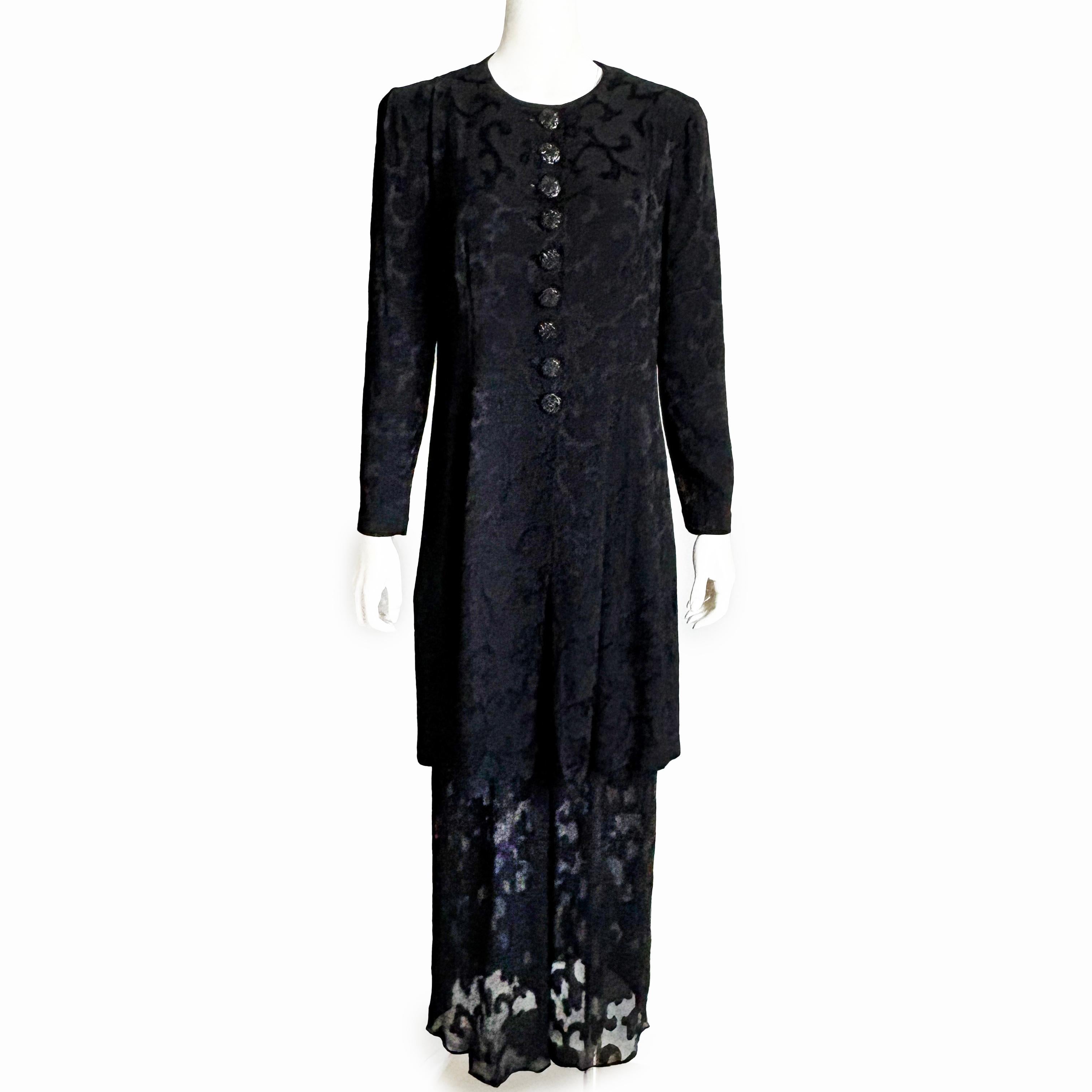 Donna Karan Suit Black Silk Brocade Jacket Sheer Wide Pants 90s Vintage Sz M/10 6