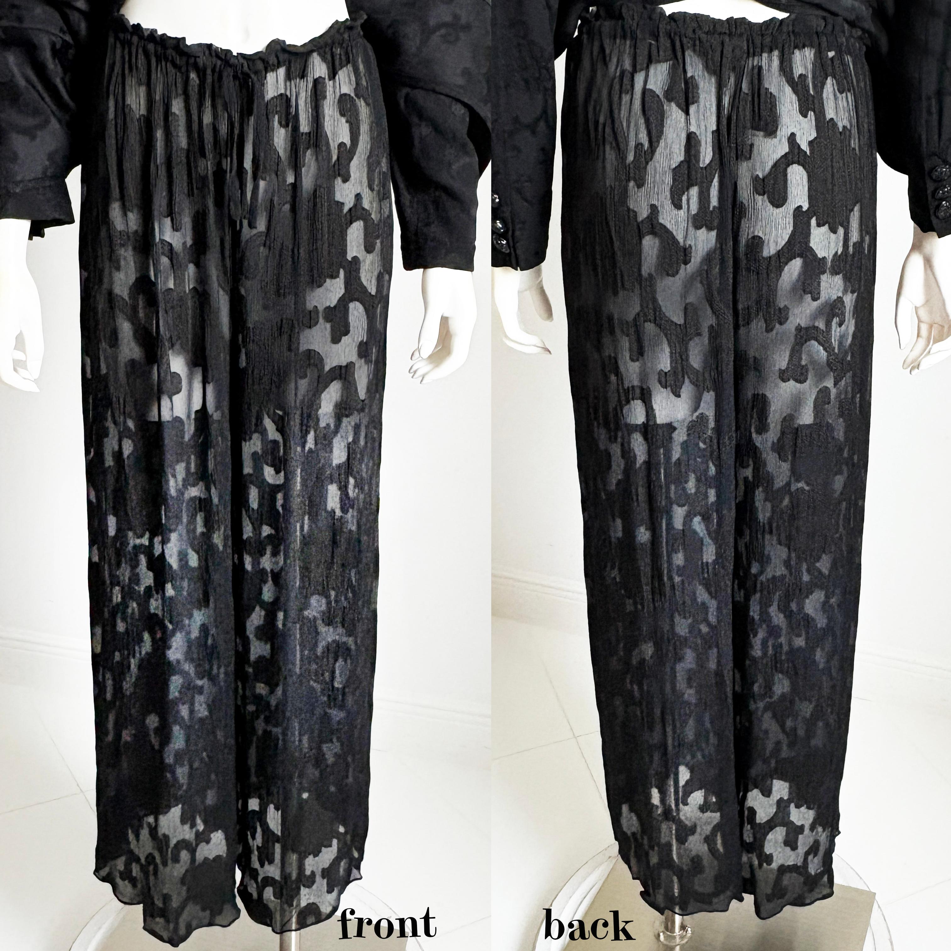 Donna Karan Suit Black Silk Brocade Jacket Sheer Wide Pants 90s Vintage Sz M/10 7