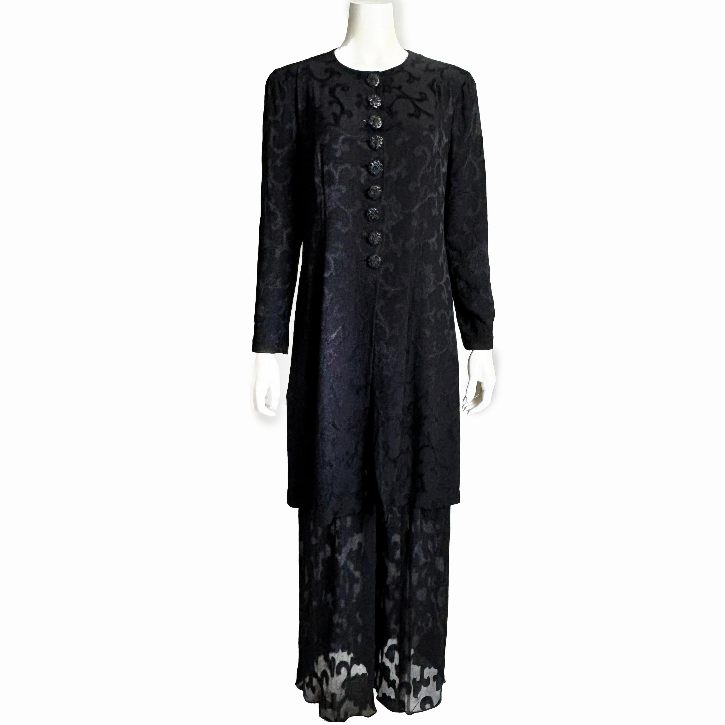 Here's a chic two-piece jacket and pants set from Donna Karan New York, and sold by high end luxury retail center LEONE in British Columbia, most likely in the 1990s. 

Made from black silk, the jacket features a floral brocade pattern throughout