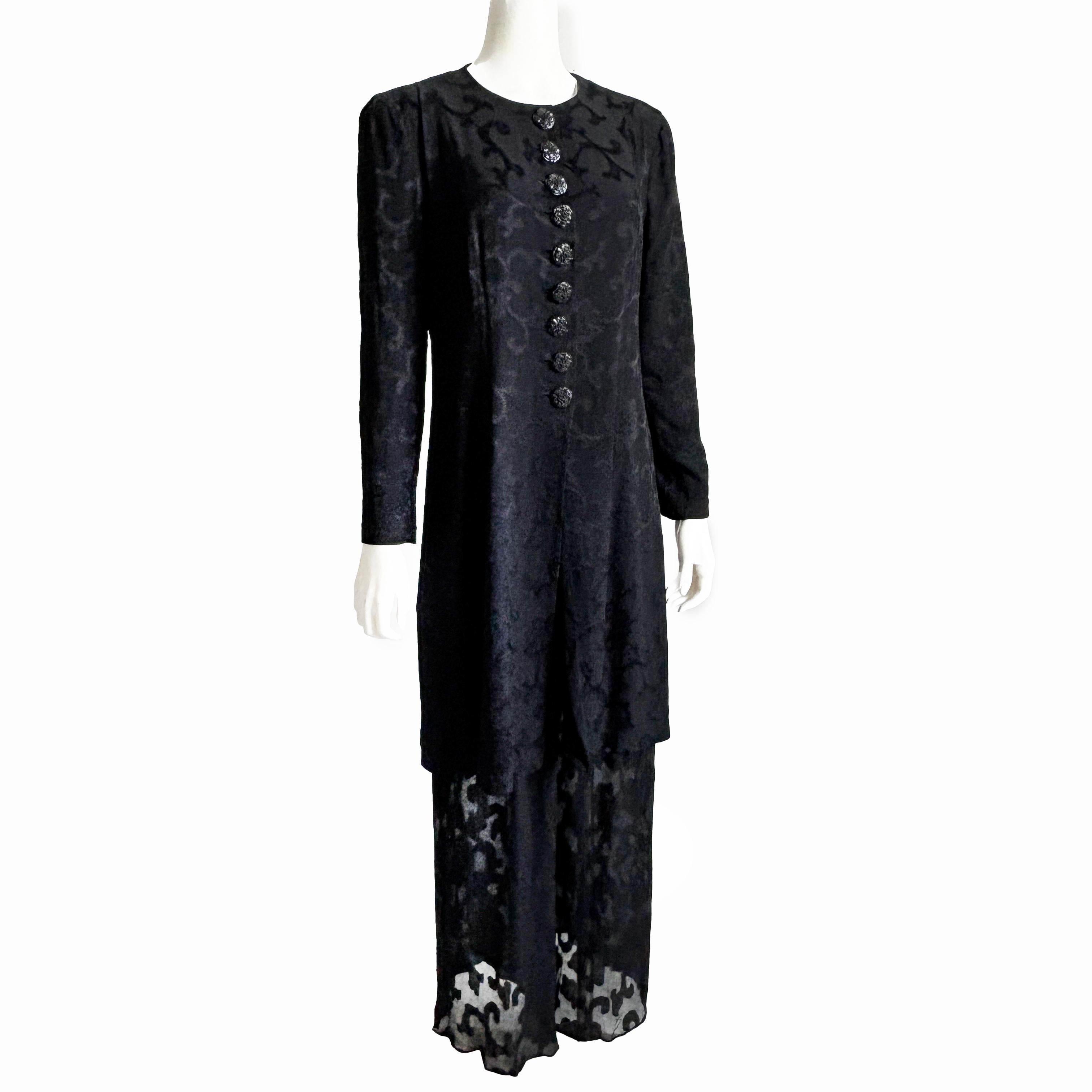 Donna Karan Suit Black Silk Brocade Jacket Sheer Wide Pants 90s Vintage Sz M/10 In Good Condition In Port Saint Lucie, FL