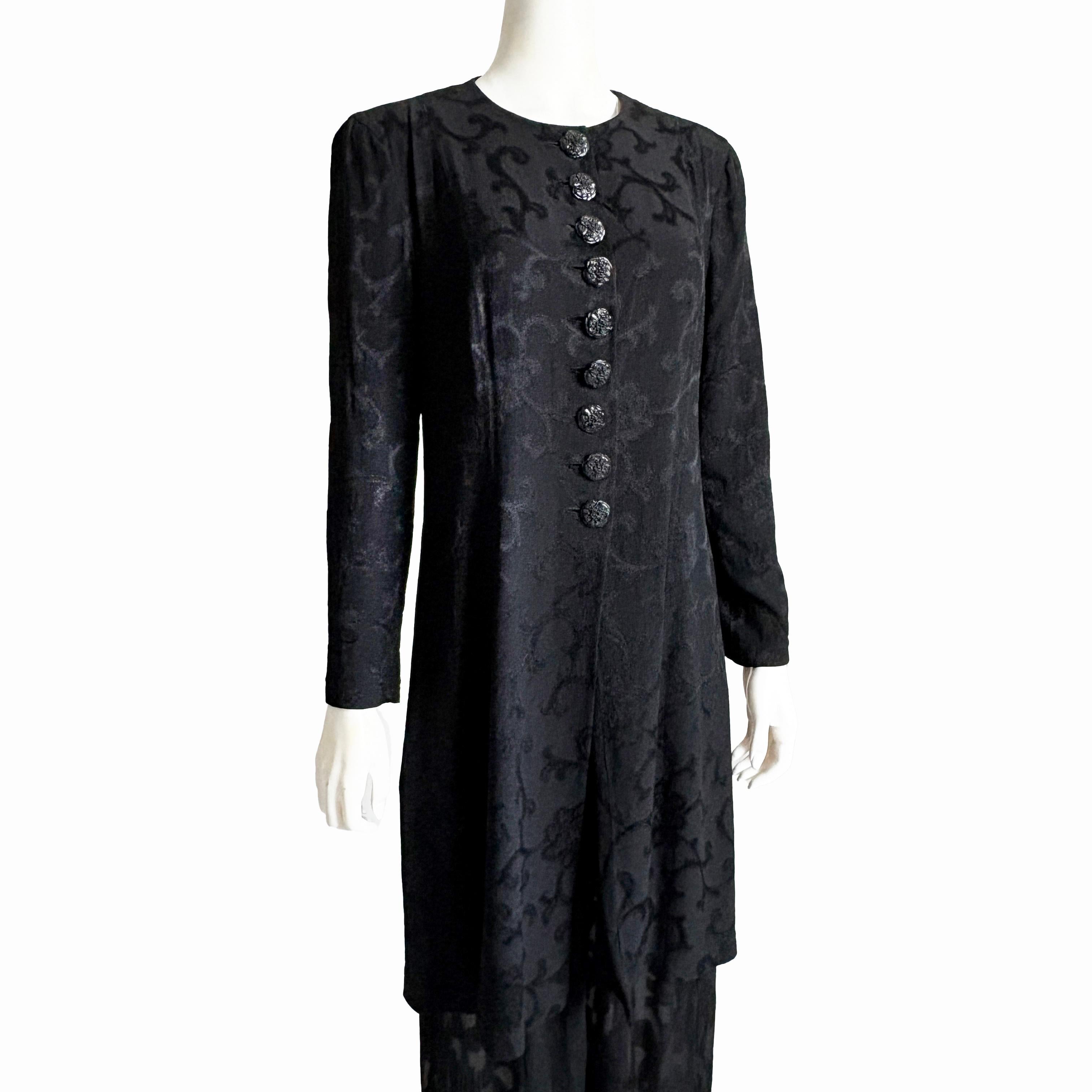 Women's Donna Karan Suit Black Silk Brocade Jacket Sheer Wide Pants 90s Vintage Sz M/10