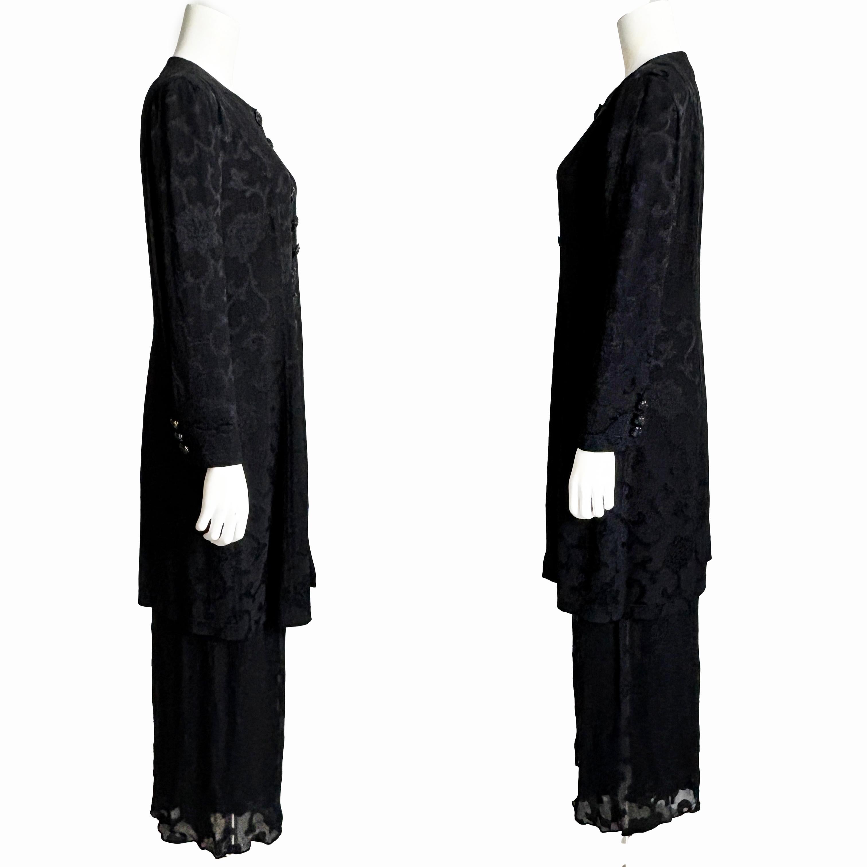Donna Karan Suit Black Silk Brocade Jacket Sheer Wide Pants 90s Vintage Sz M/10 2