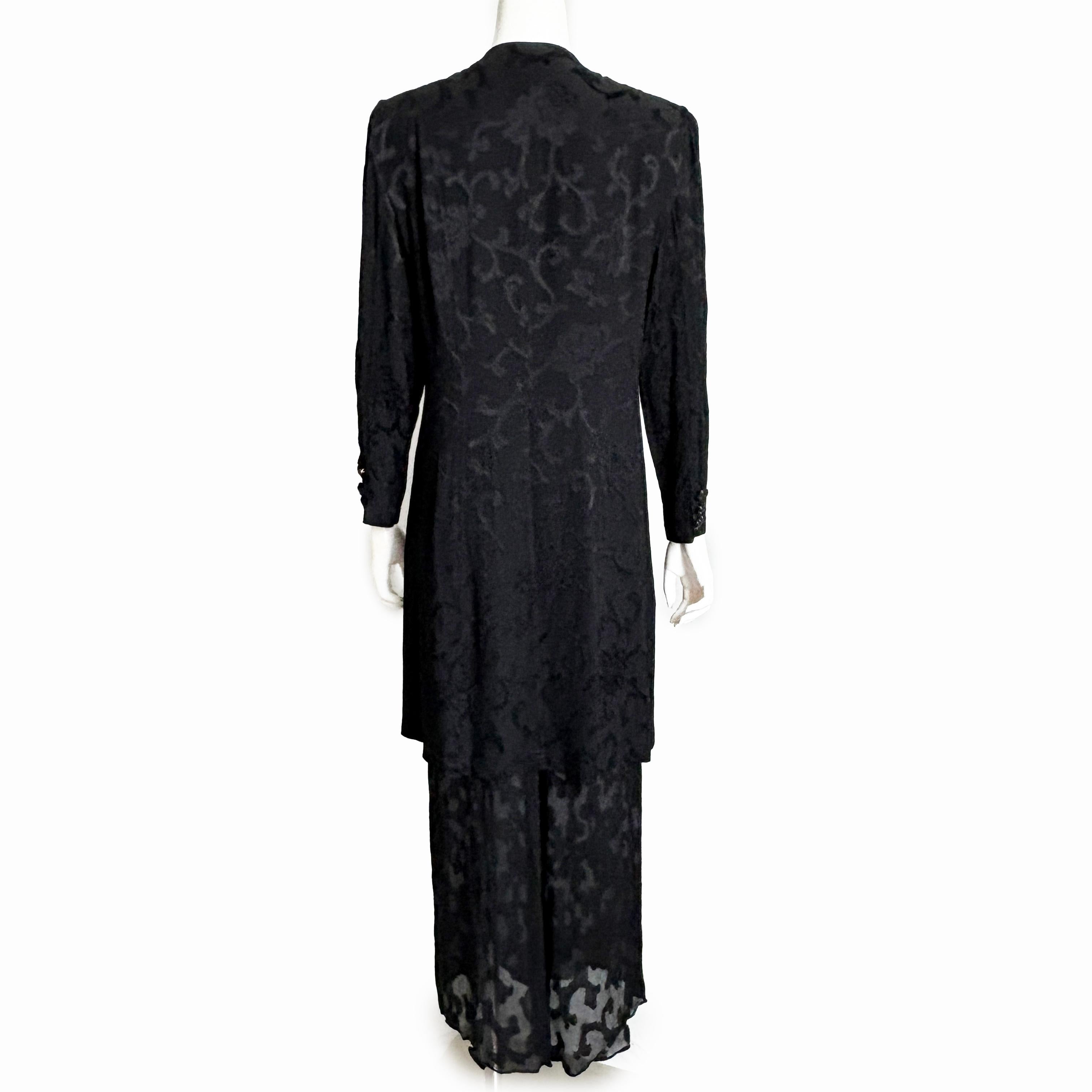 Donna Karan Suit Black Silk Brocade Jacket Sheer Wide Pants 90s Vintage Sz M/10 3