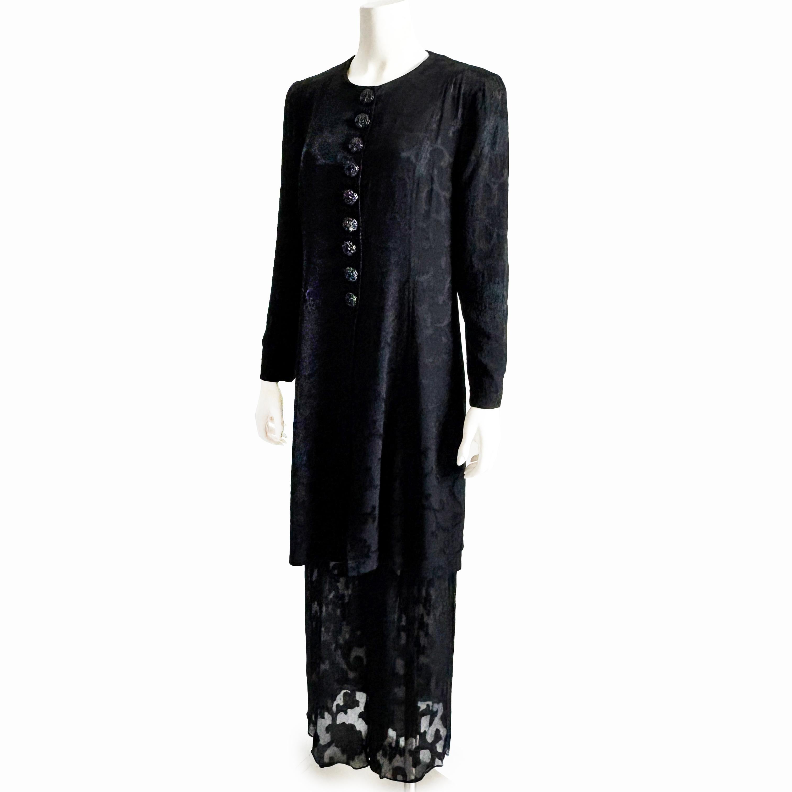 Donna Karan Suit Black Silk Brocade Jacket Sheer Wide Pants 90s Vintage Sz M/10 5