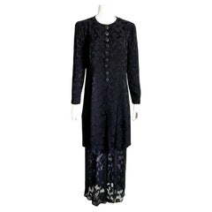 Donna Karan Suit Black Silk Brocade Jacket Sheer Wide Pants 90s Vintage Sz M/10