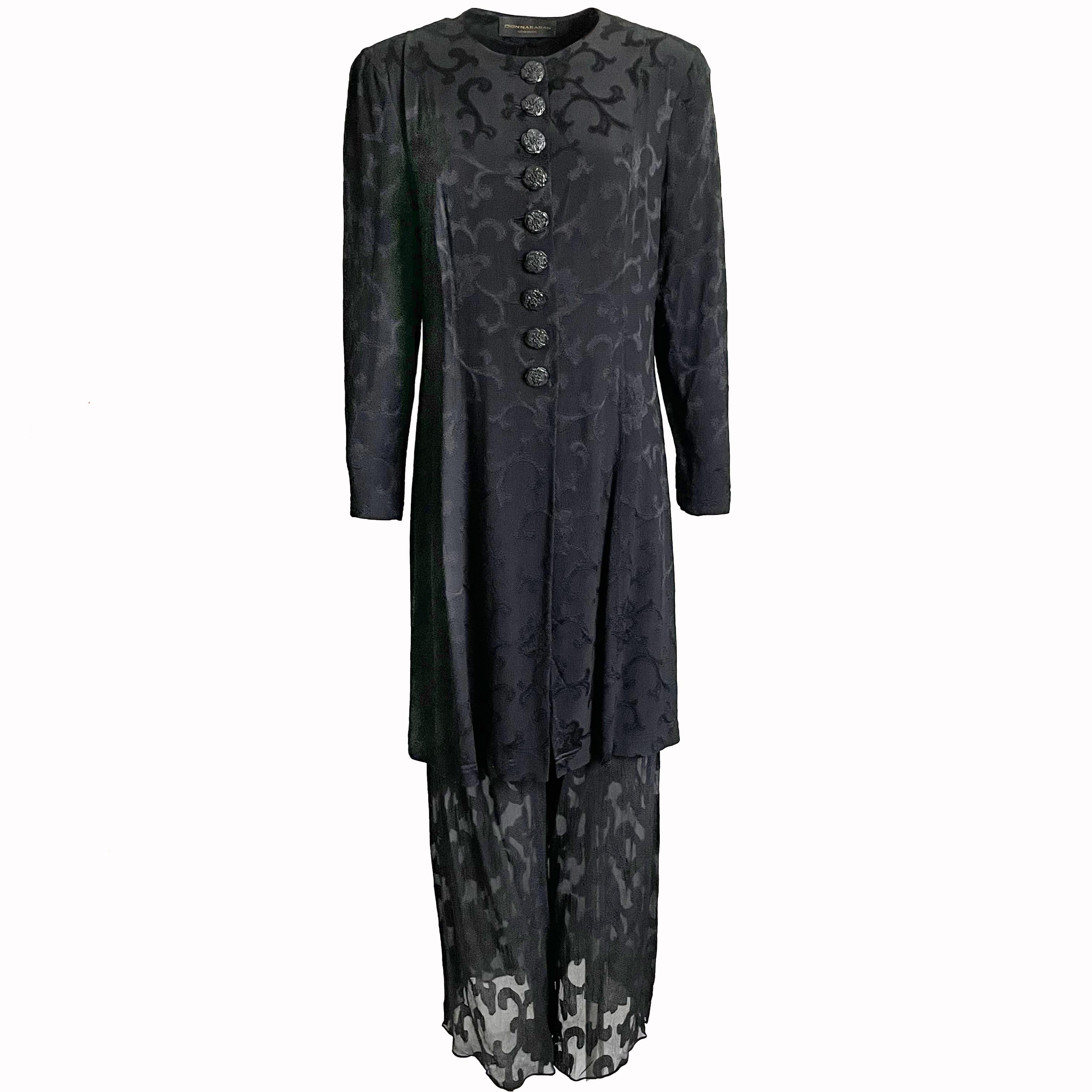 Donna Karan Suit Silk Brocade Jacket Sheer Wide Pants 2pc Evening 90s Sz M/10 For Sale 1