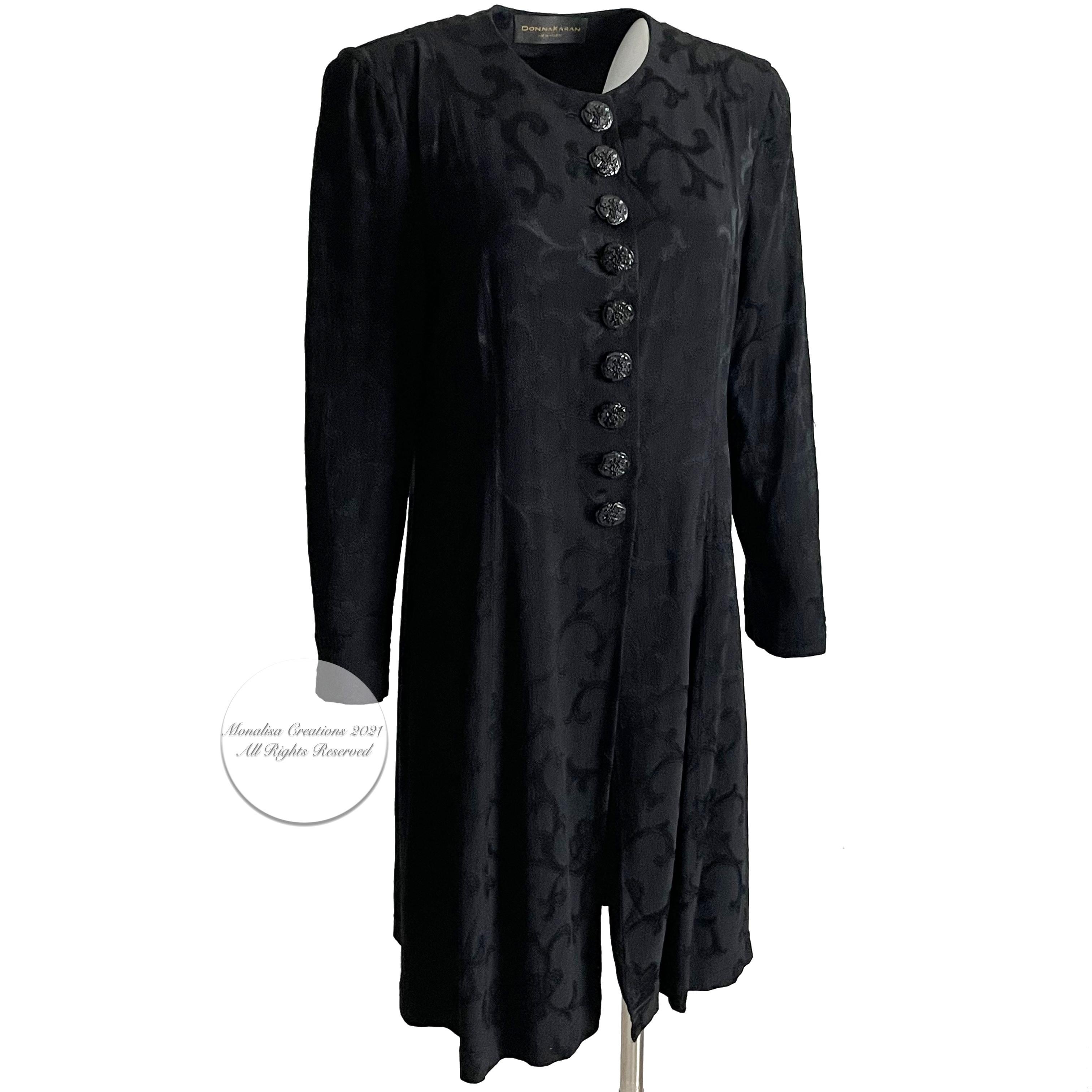 Black Donna Karan Suit Silk Brocade Jacket & Sheer Wide Pants 2pc Set Sz M/10 Vintage