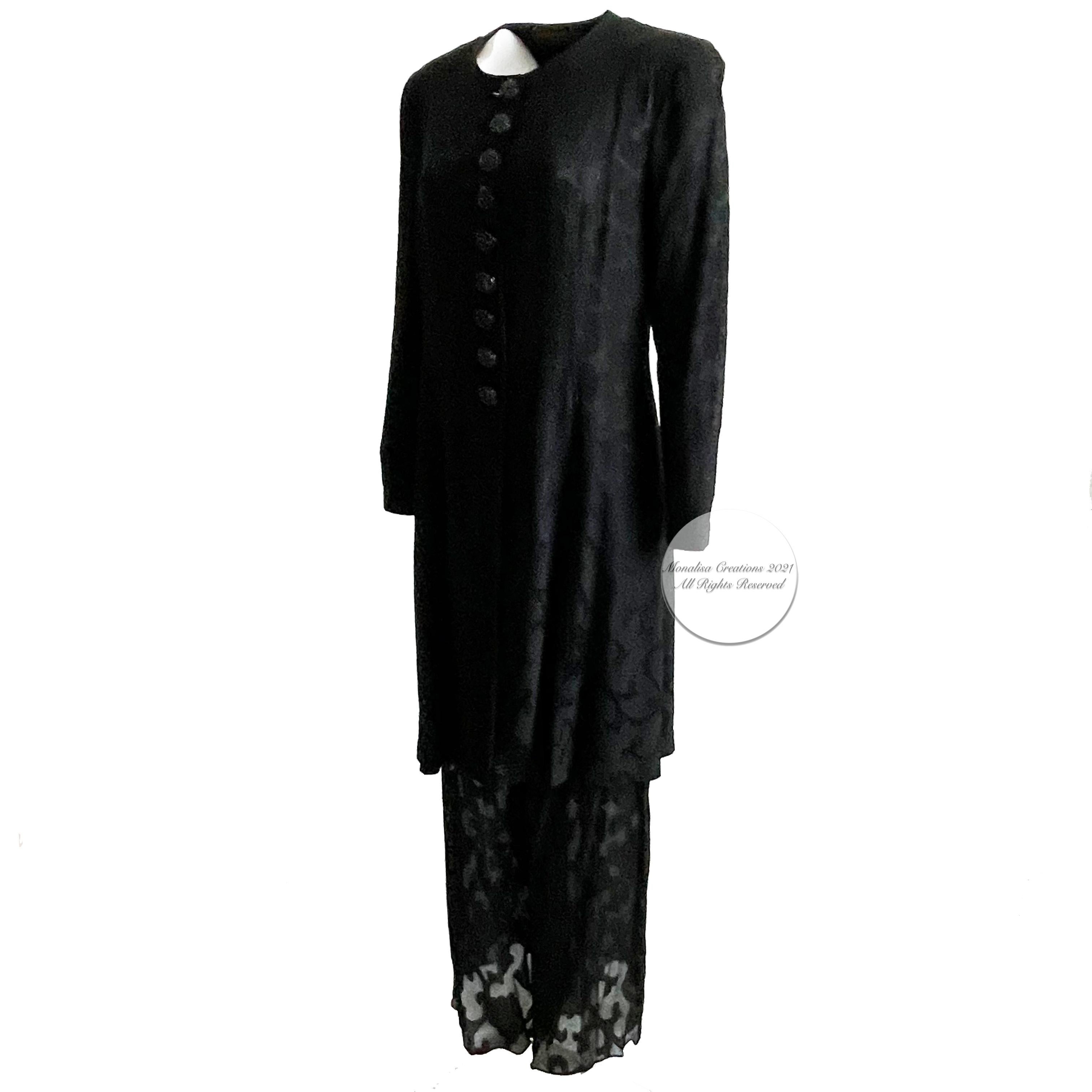 Donna Karan Suit Silk Brocade Jacket & Sheer Wide Pants 2pc Set Sz M/10 Vintage 1
