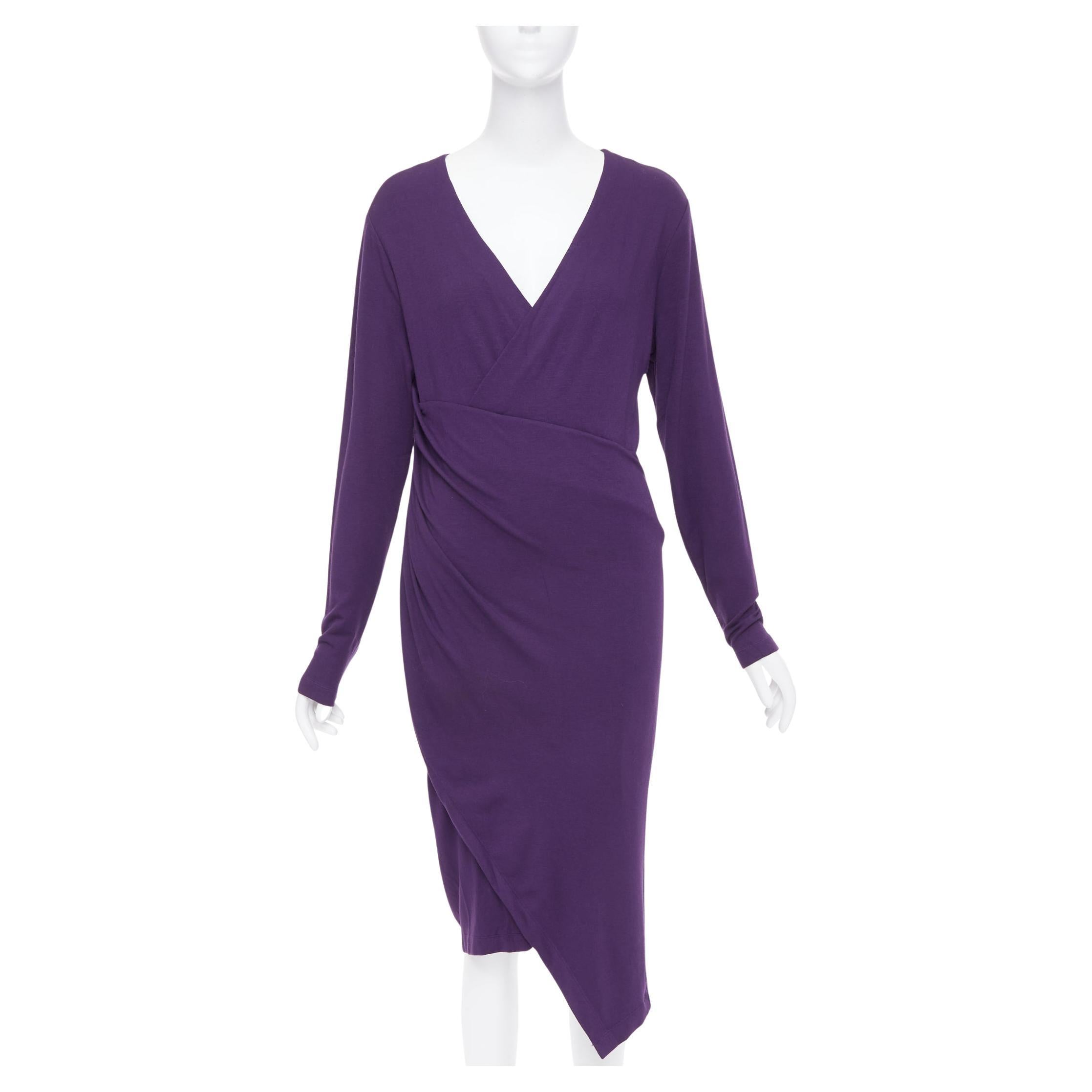 DONNA KARAN Surplice Neck Wrap purple jersey V neck drape dress L