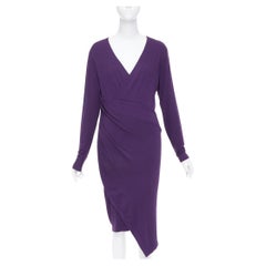 DONNA KARAN Surplice Neck Wrap purple jersey V neck drape dress L