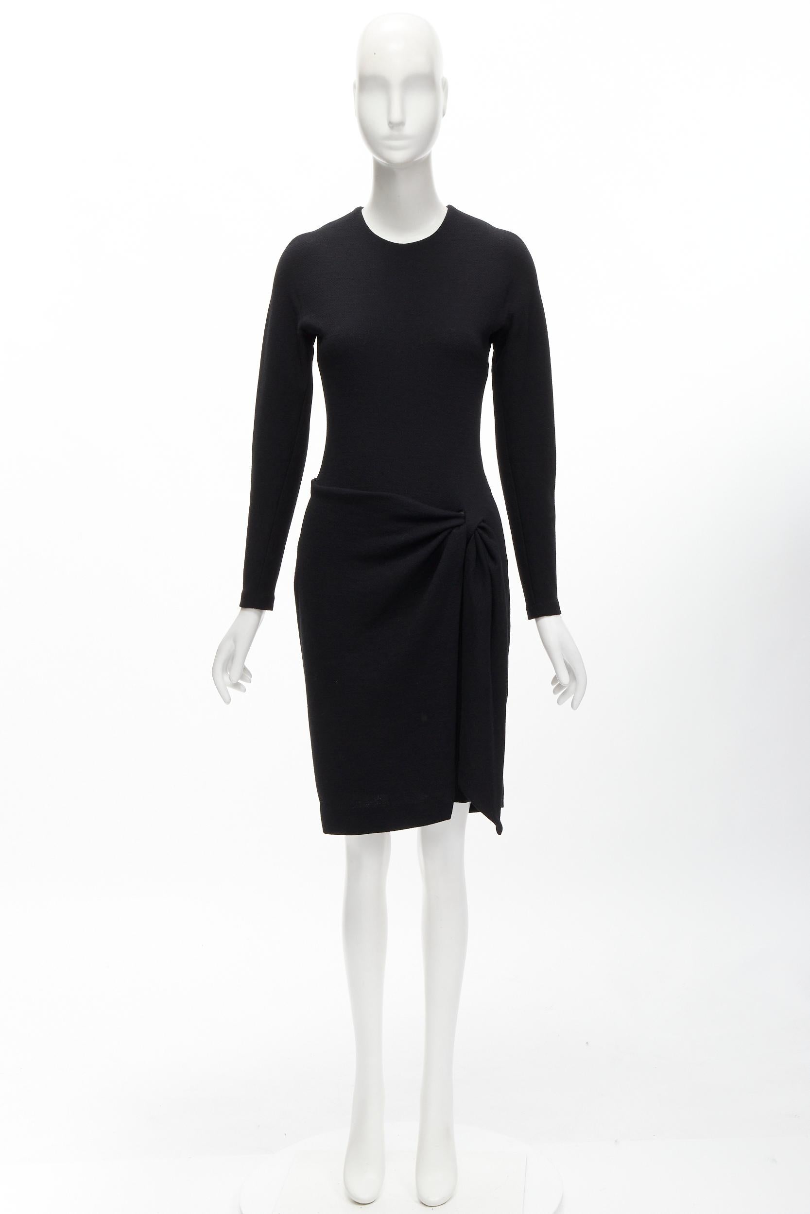 DONNA KARAN Vintage 100% wool drape wrap crew neck knee dress US4 S 6
