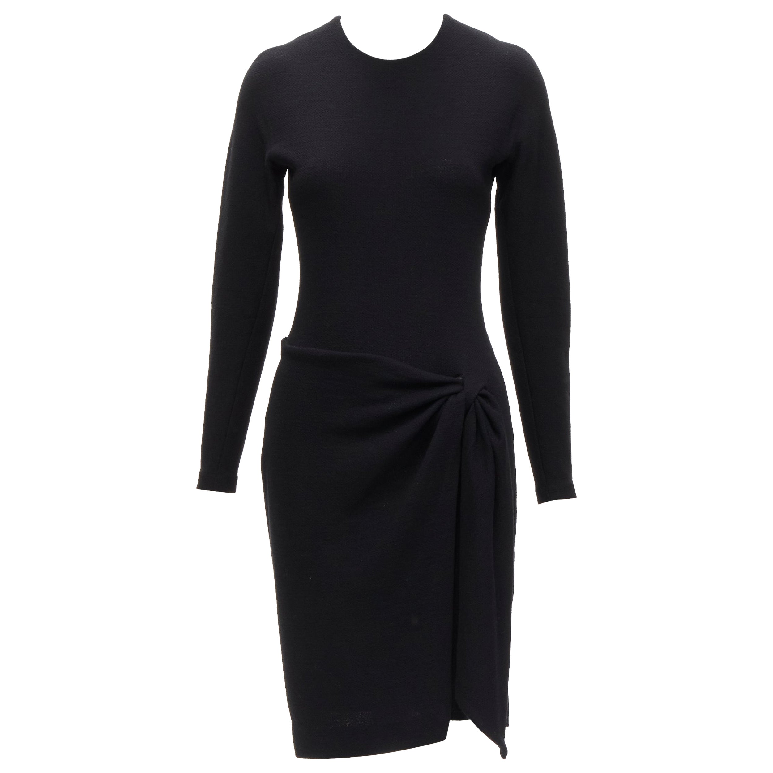 DONNA KARAN Vintage 100% wool drape wrap crew neck knee dress US4 S